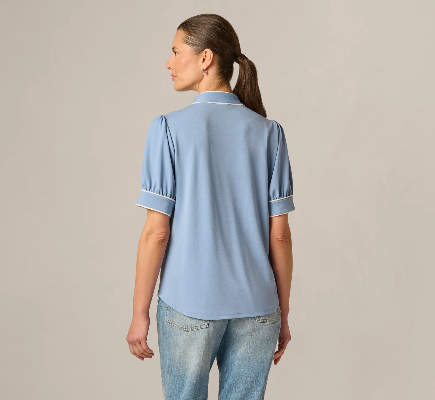 Puff Sleeve Tie Neck Top In Rainwashed Ivory
