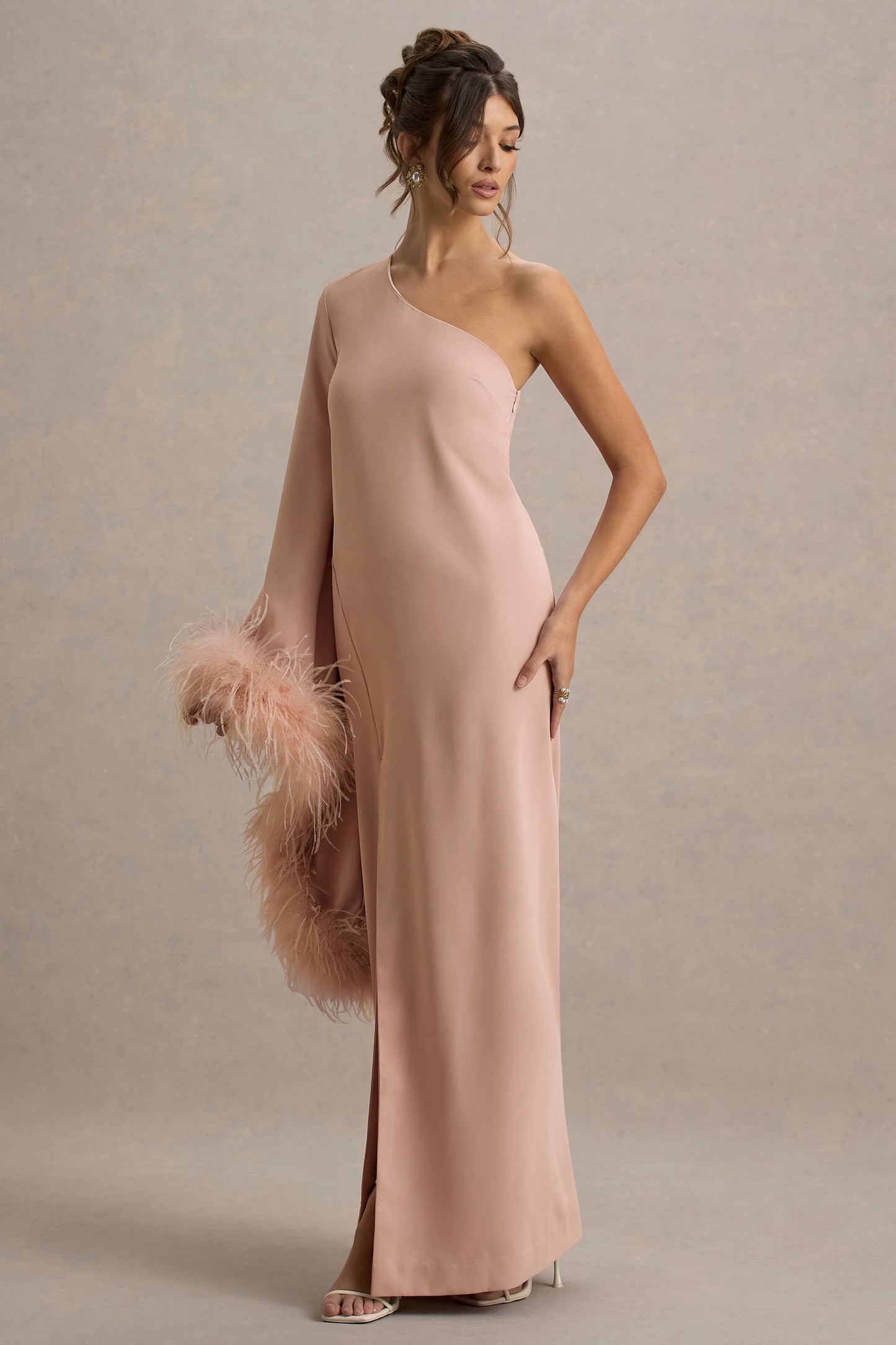 Armina Blush Pink One-Shoulder Feather-Trim Maxi Dress