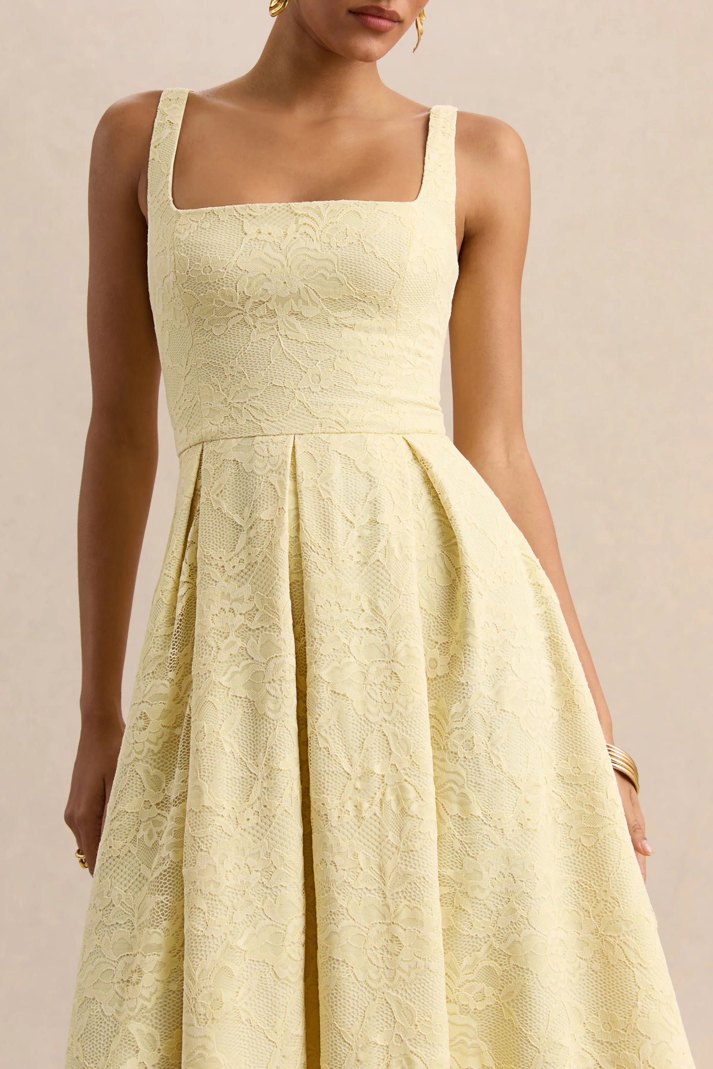 Ashmara Lemon Lace Square-Neck Midi Dress