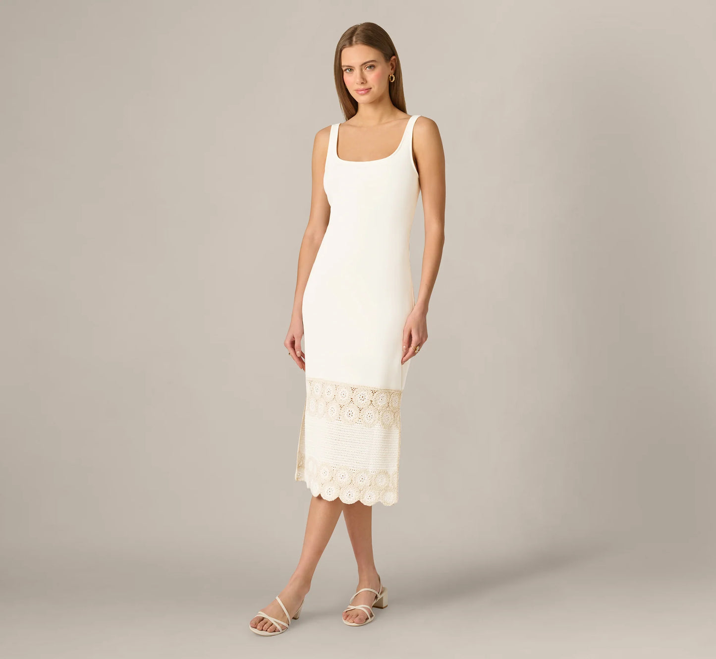 Crochet Trimmed Sheath Midi Dress With Tank Straps In Ivory