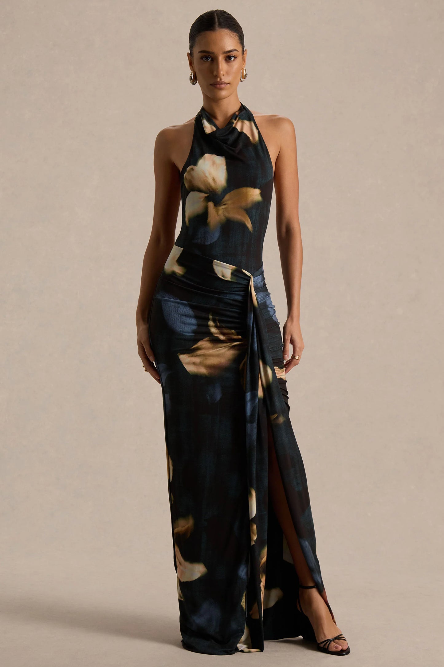 Sunflower Dark Lily Print High-Neck Maxi Dress With Front-High Split