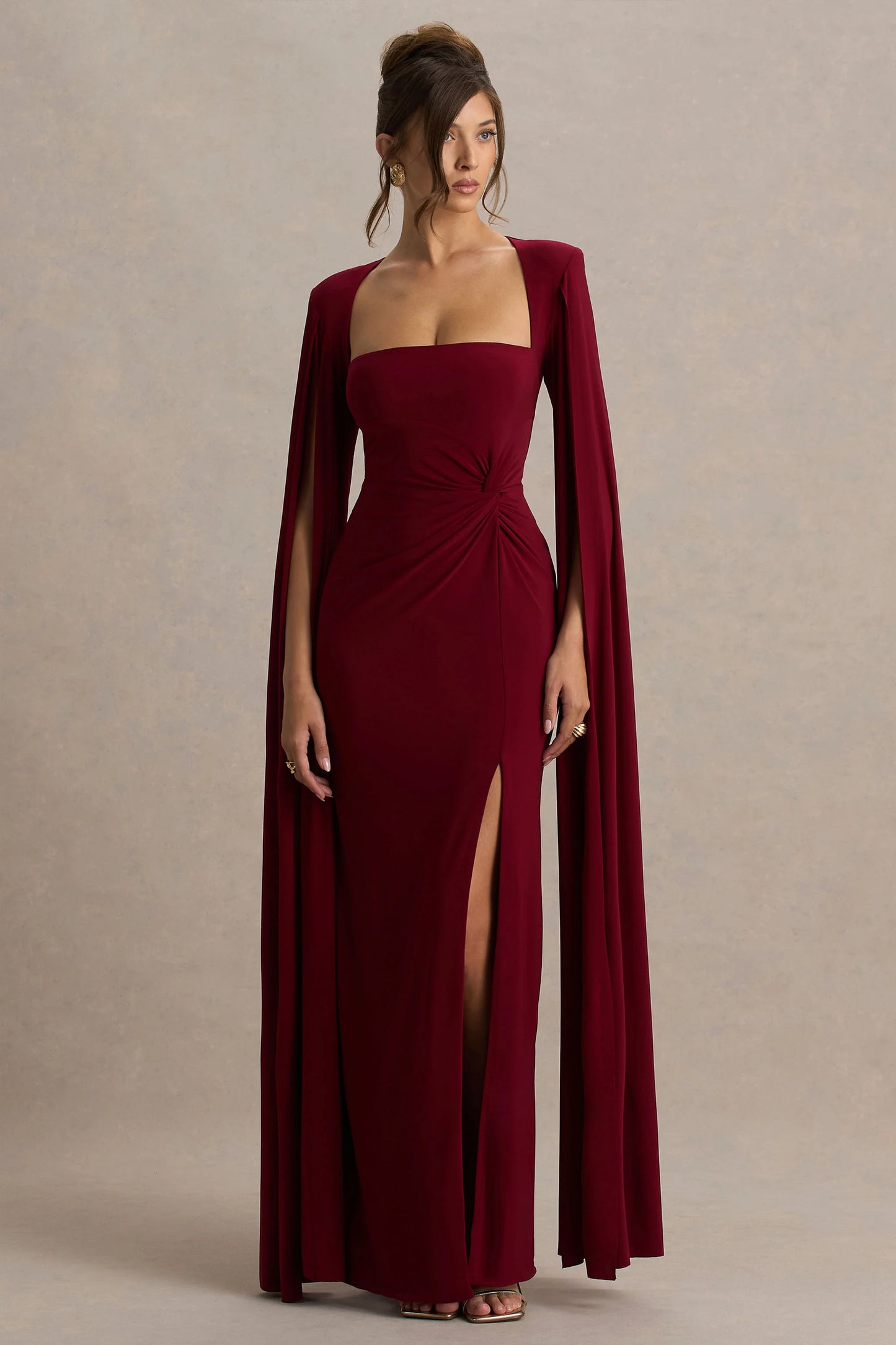 Claretta Berry Square Neck Twisted Maxi Dress With Cape Sleeves