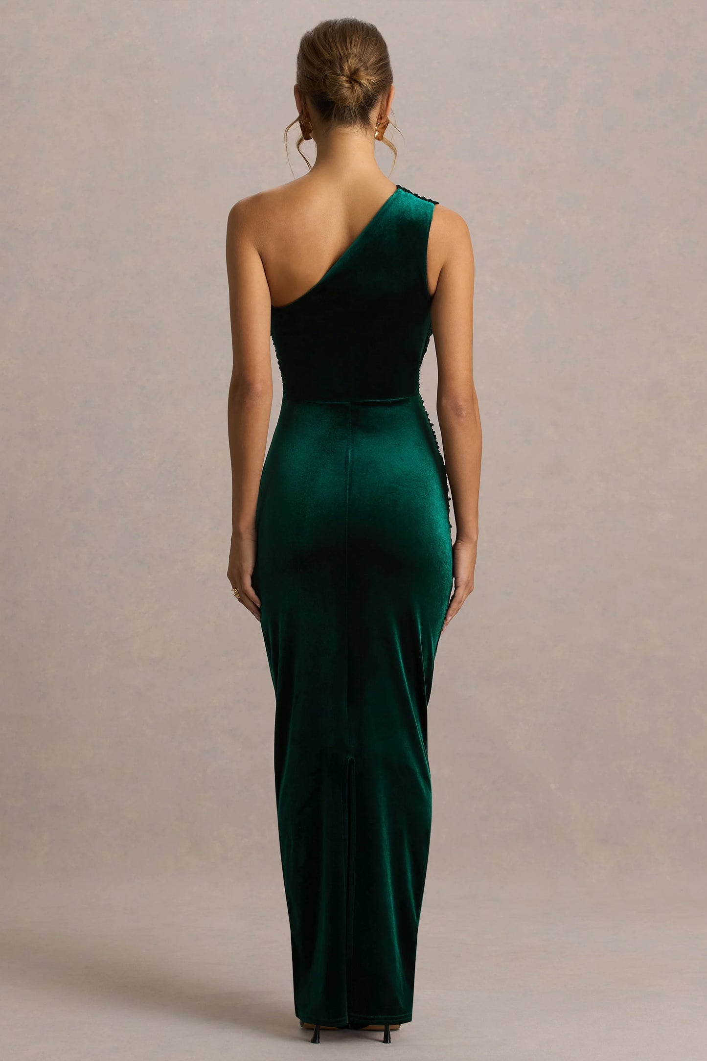 Treat Bottle Green Velvet Asymmetric-Neck Maxi Dress With Ruched Detailing