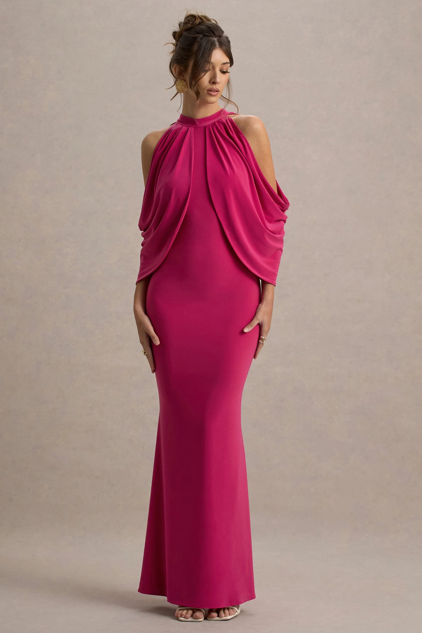 Teresa Hot Pink High-Neck Cold-Shoulder Maxi Dress
