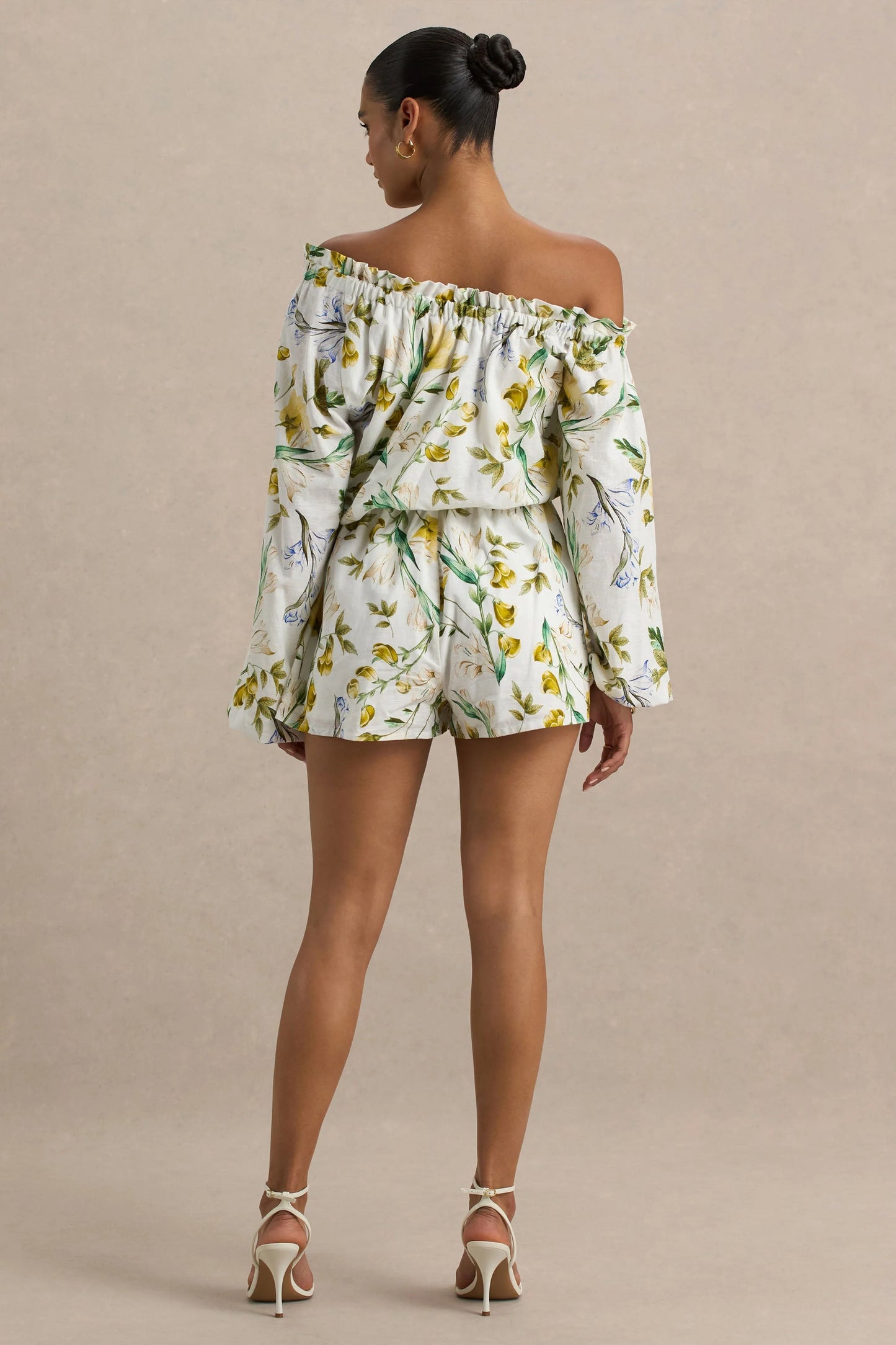 Waterfall Lemon Floral Print Asymmetric Long-Sleeve Playsuit