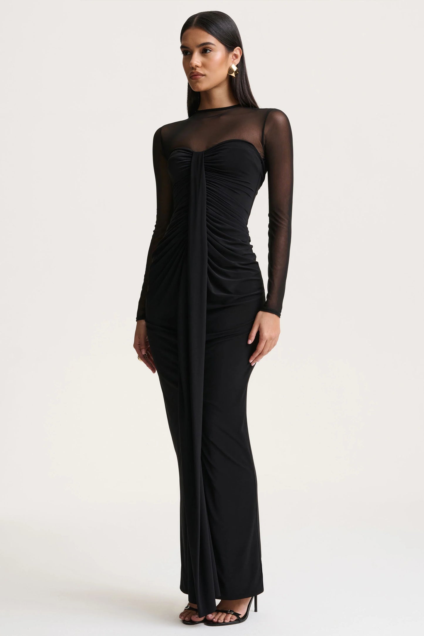 Cadenza Black Crew-Neck Maxi Dress With Mesh And Gathered-Detailing