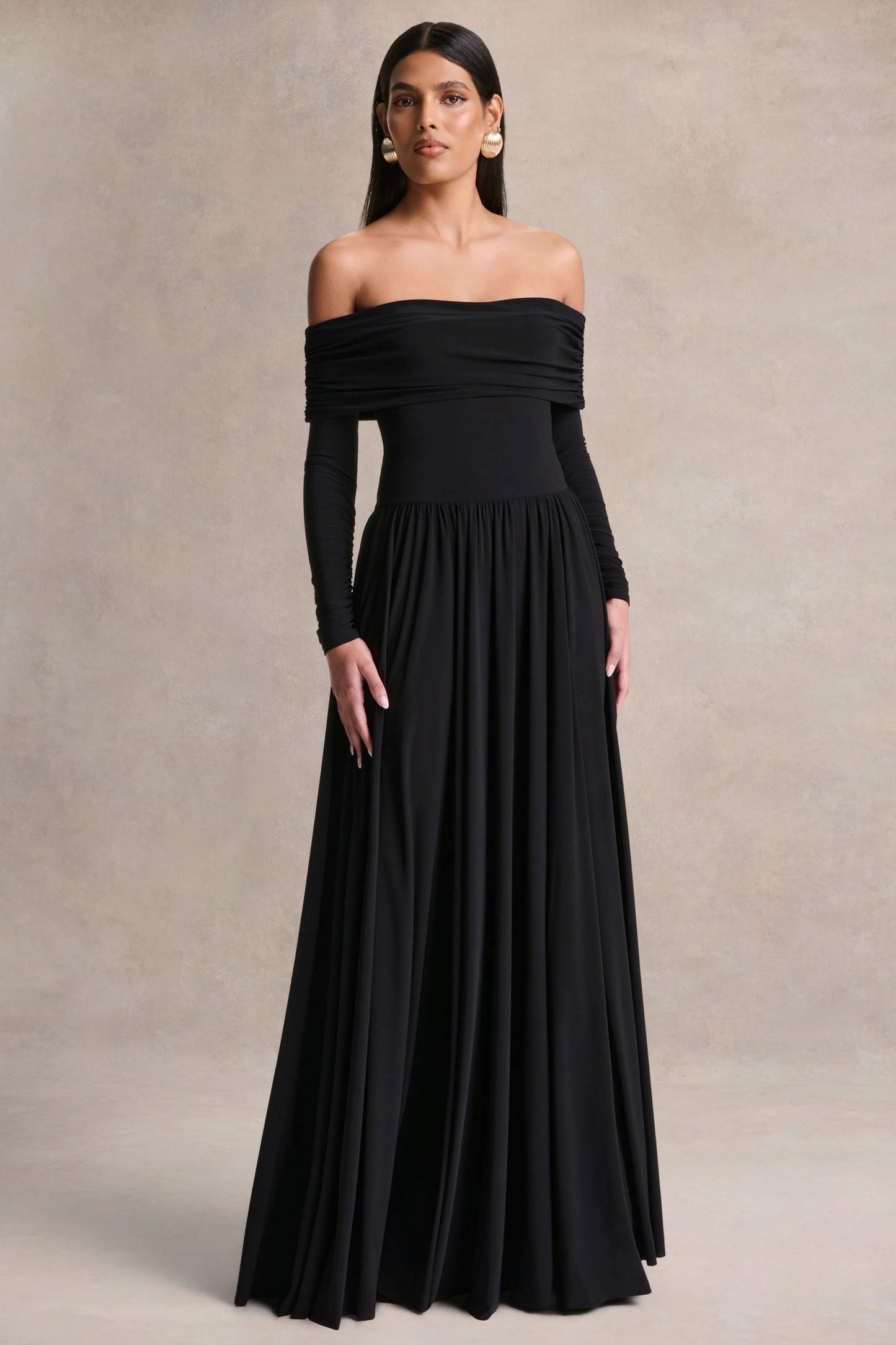 Saskia Black Bardot-Neck Maxi Dress