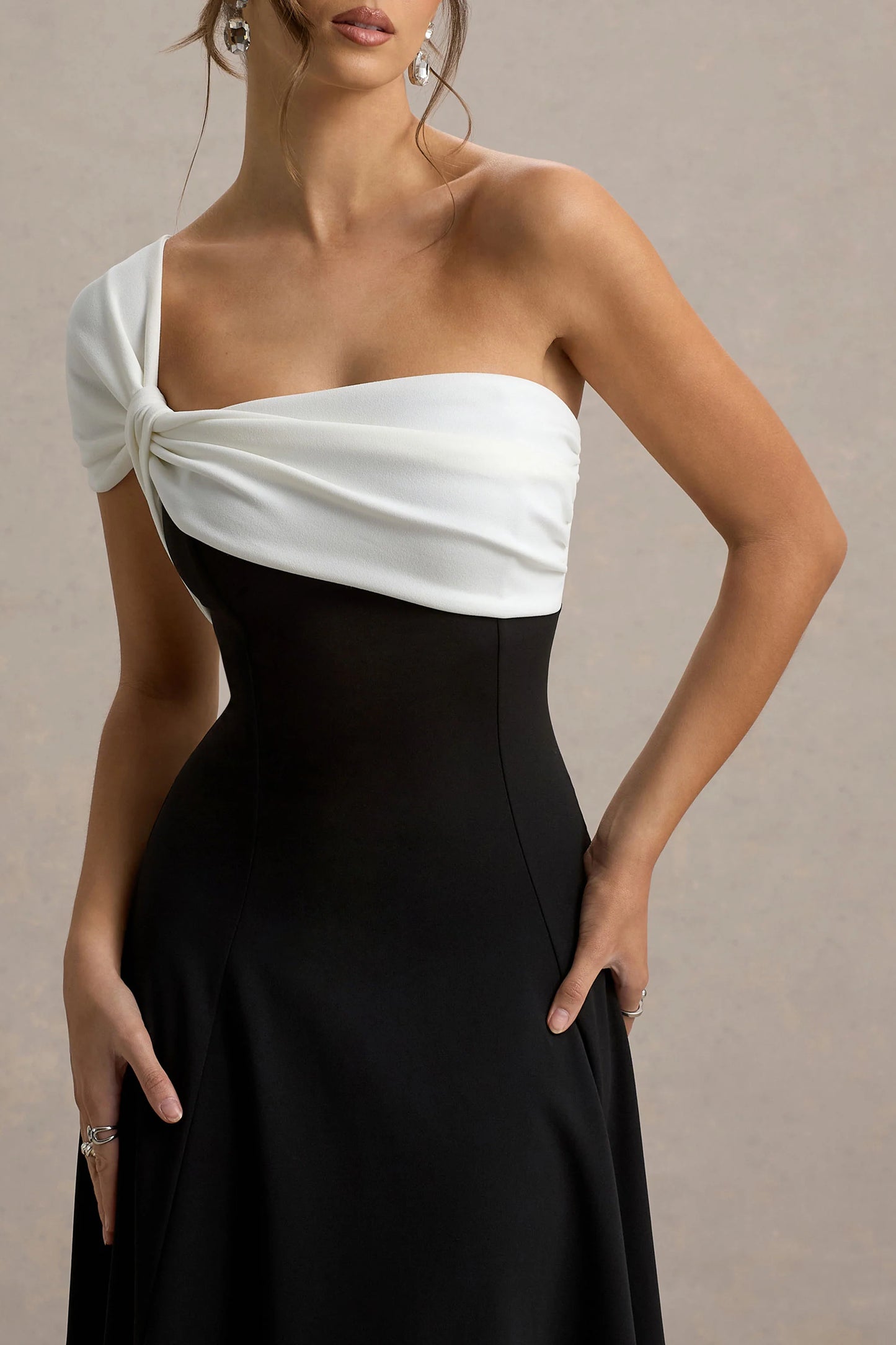 Malta Black & White One-Shoulder Midi Dress