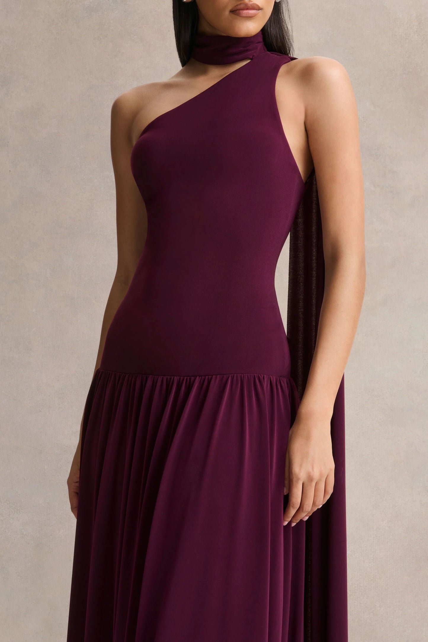Freesia Plum Asymmetric-Neck Maxi Dress With Scarf-Detail