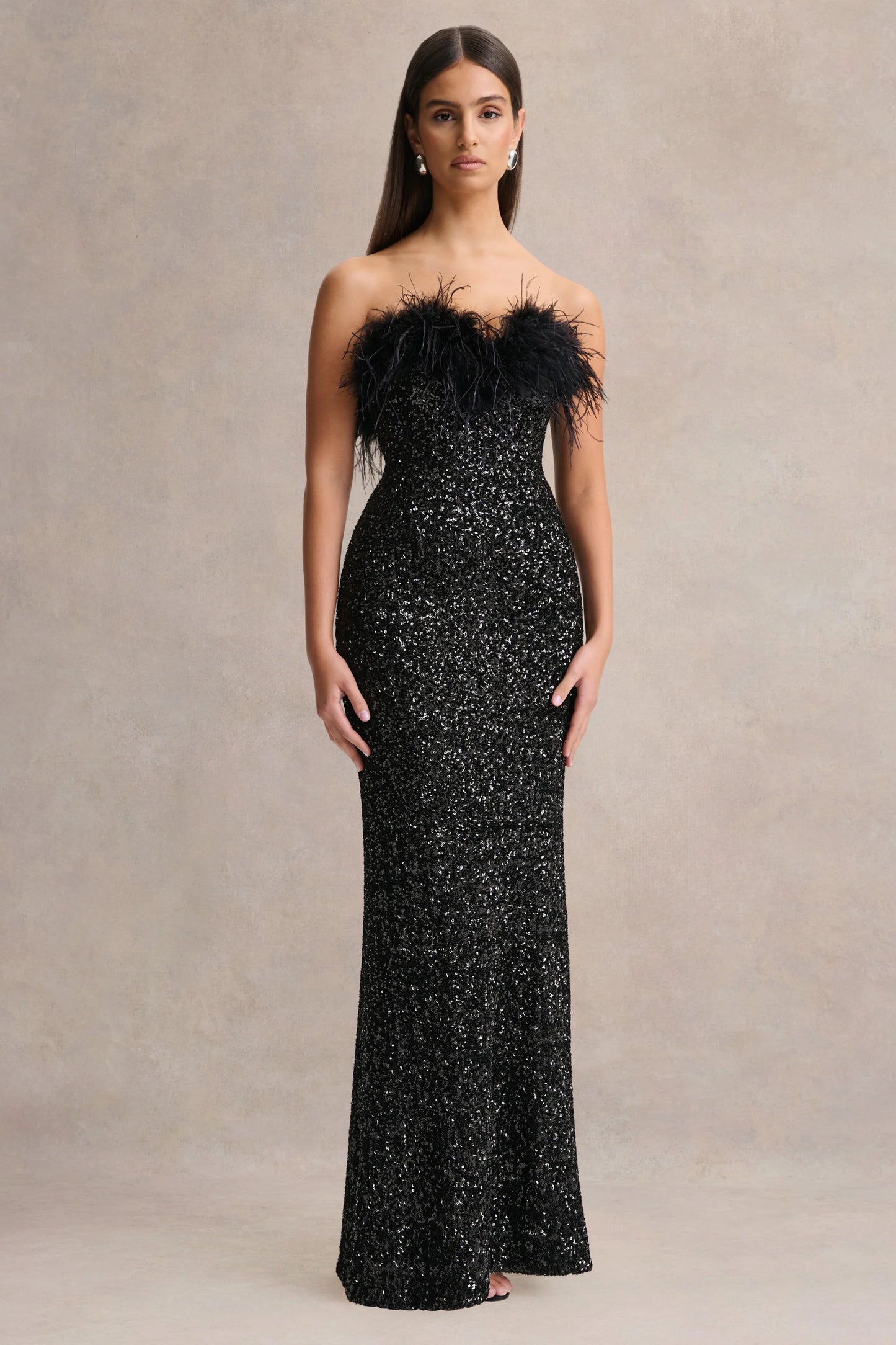 Daze Black Sequin Bandeau Maxi Dress With Feather-Trim
