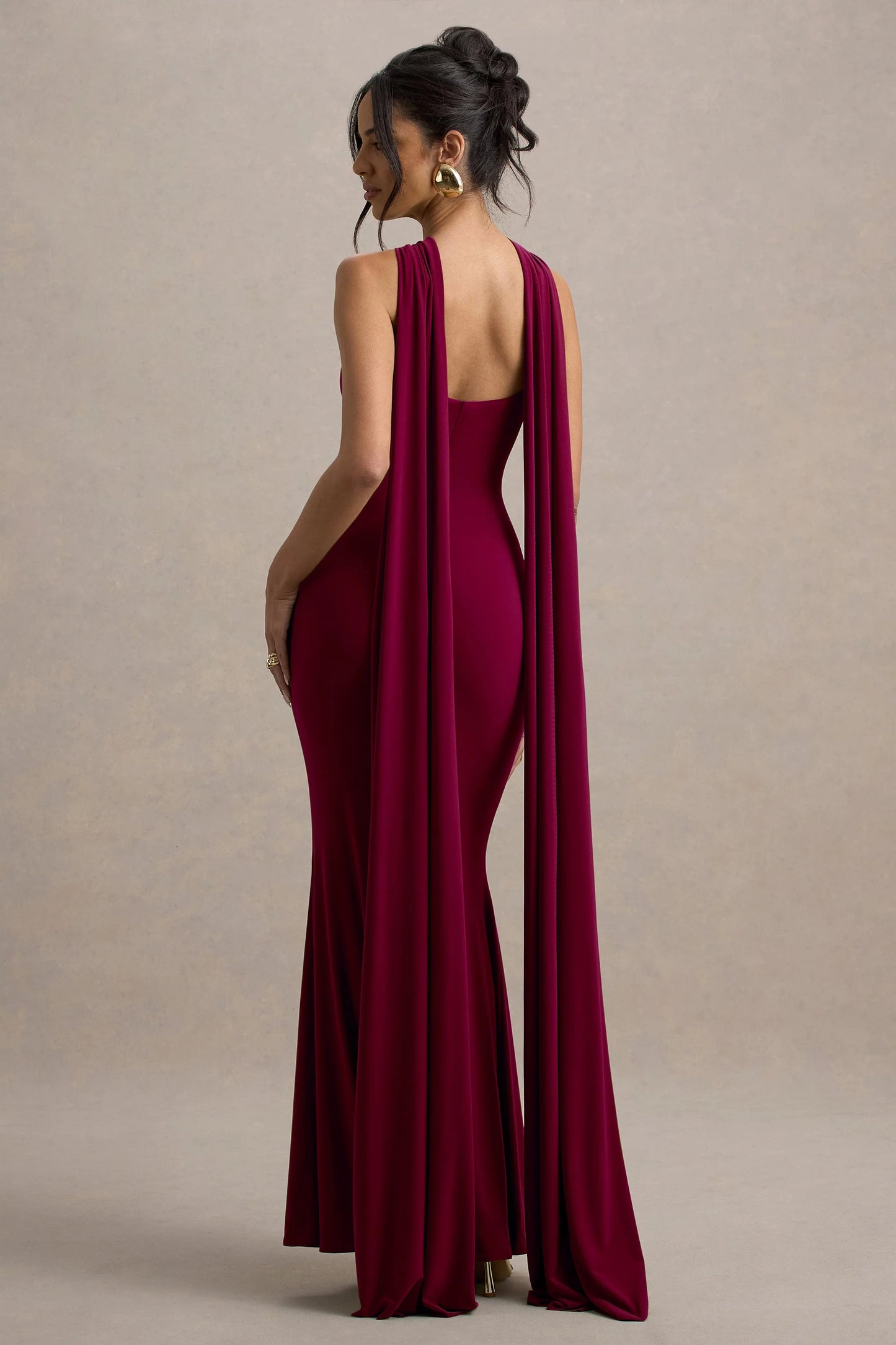 Rhoda Burgundy Twist Halter-Neck Cape Maxi Dress