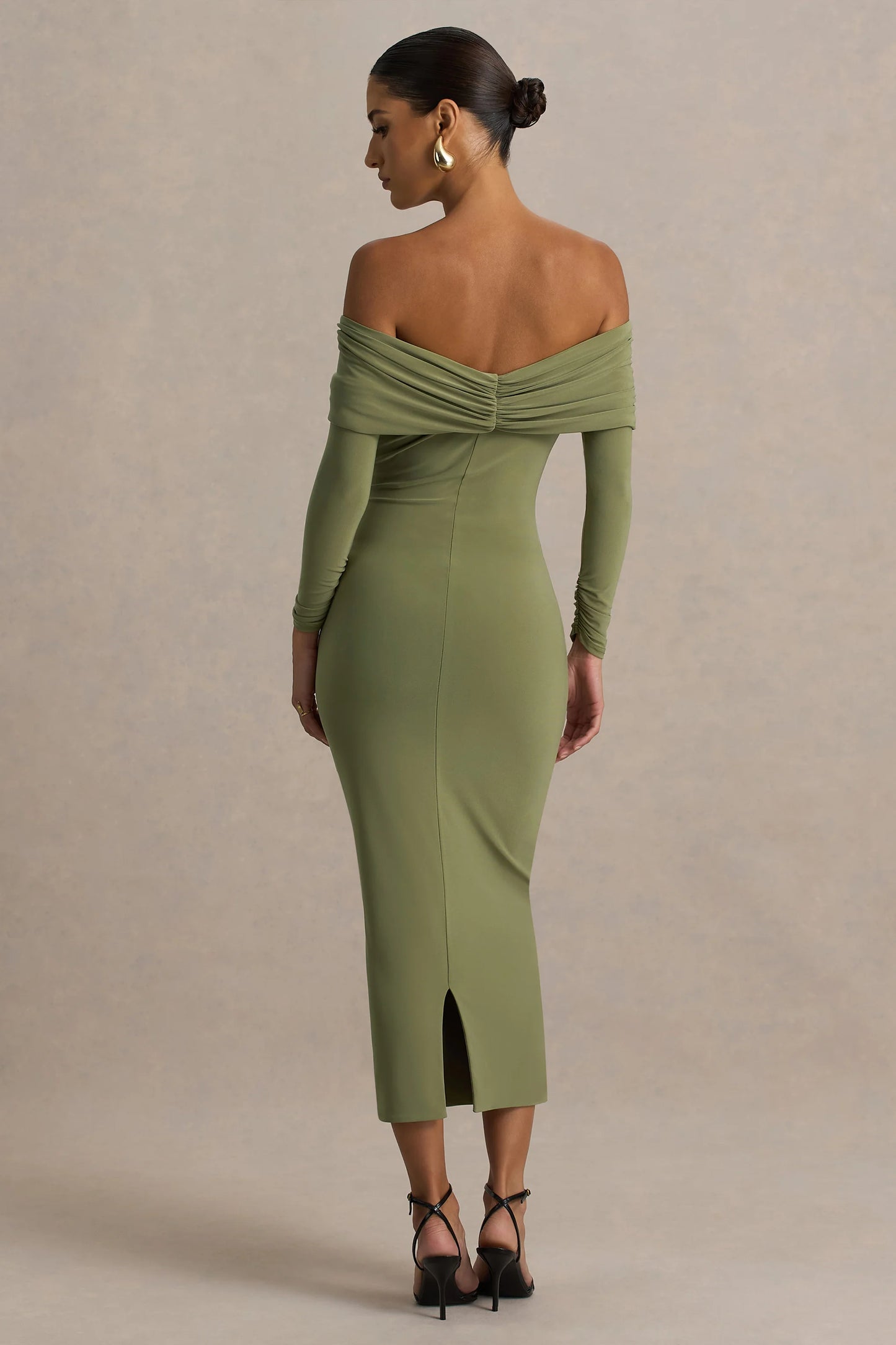 Spark Olive Bardot-Neck Midi Dress With Bow Detail