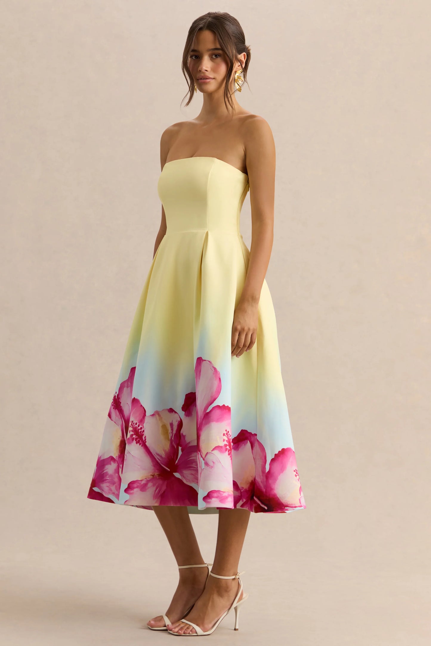 Zoya Yellow Ombre Lily Print Bandeau Midi Dress