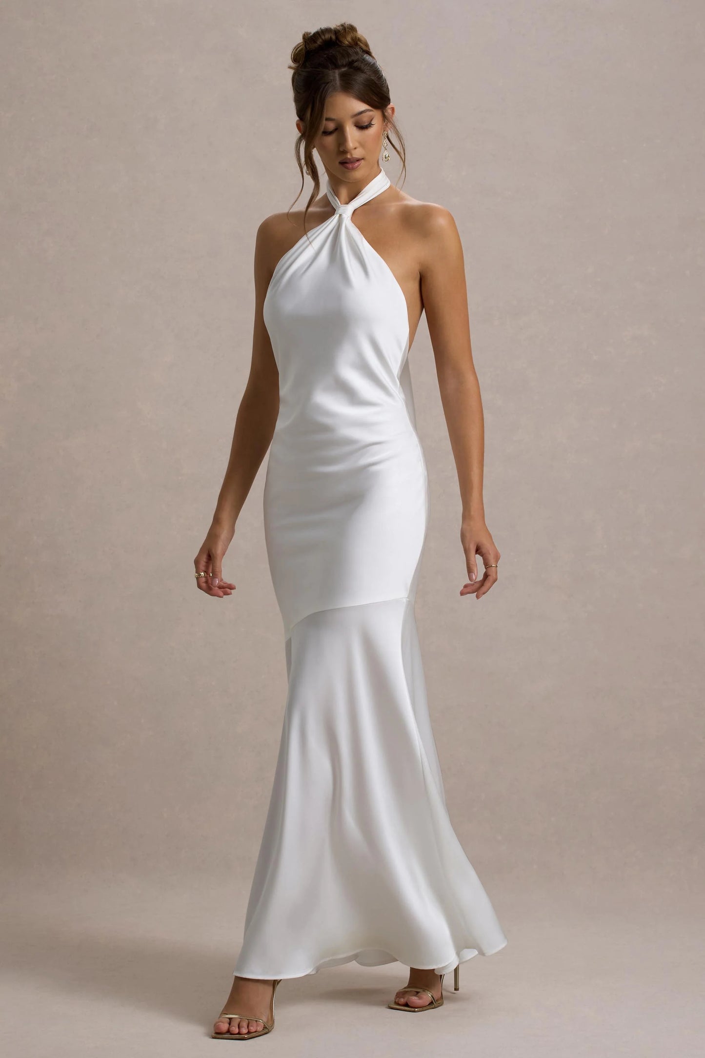 Knox White Satin Knot Halter-Neck Maxi Dress