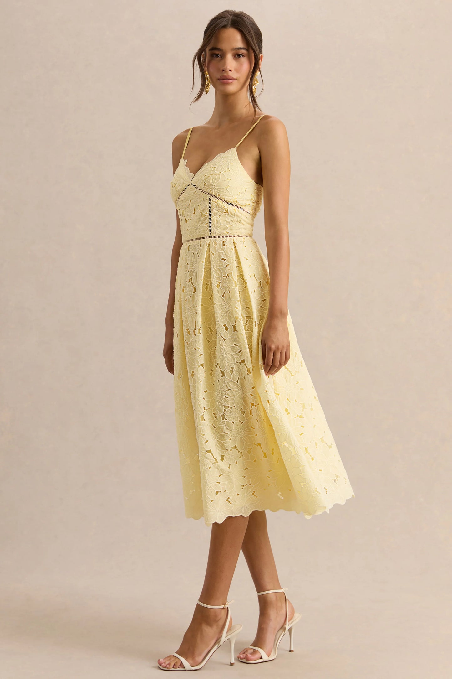 Nicoline Lemon Lace Sweetheart Midi Dress With Cami Straps