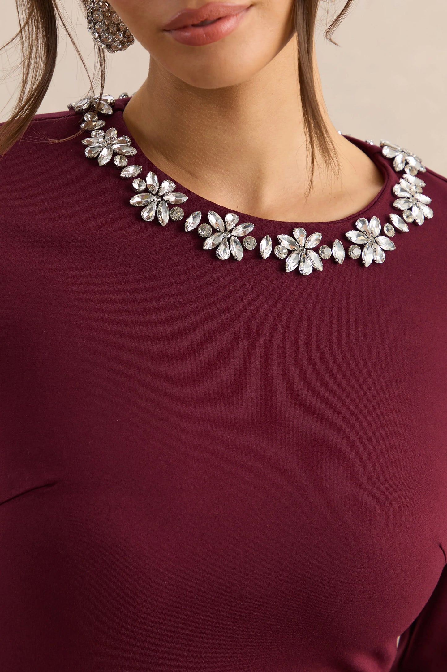 Mirna Burgundy Crew-Neck Mini Dress With Bell Sleeves And Ruffled Detailing