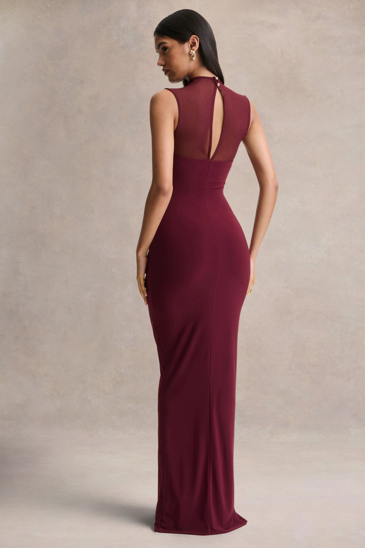 Brialle Burgundy High-Neck Maxi Dress With Mesh And Gathered-Detailing