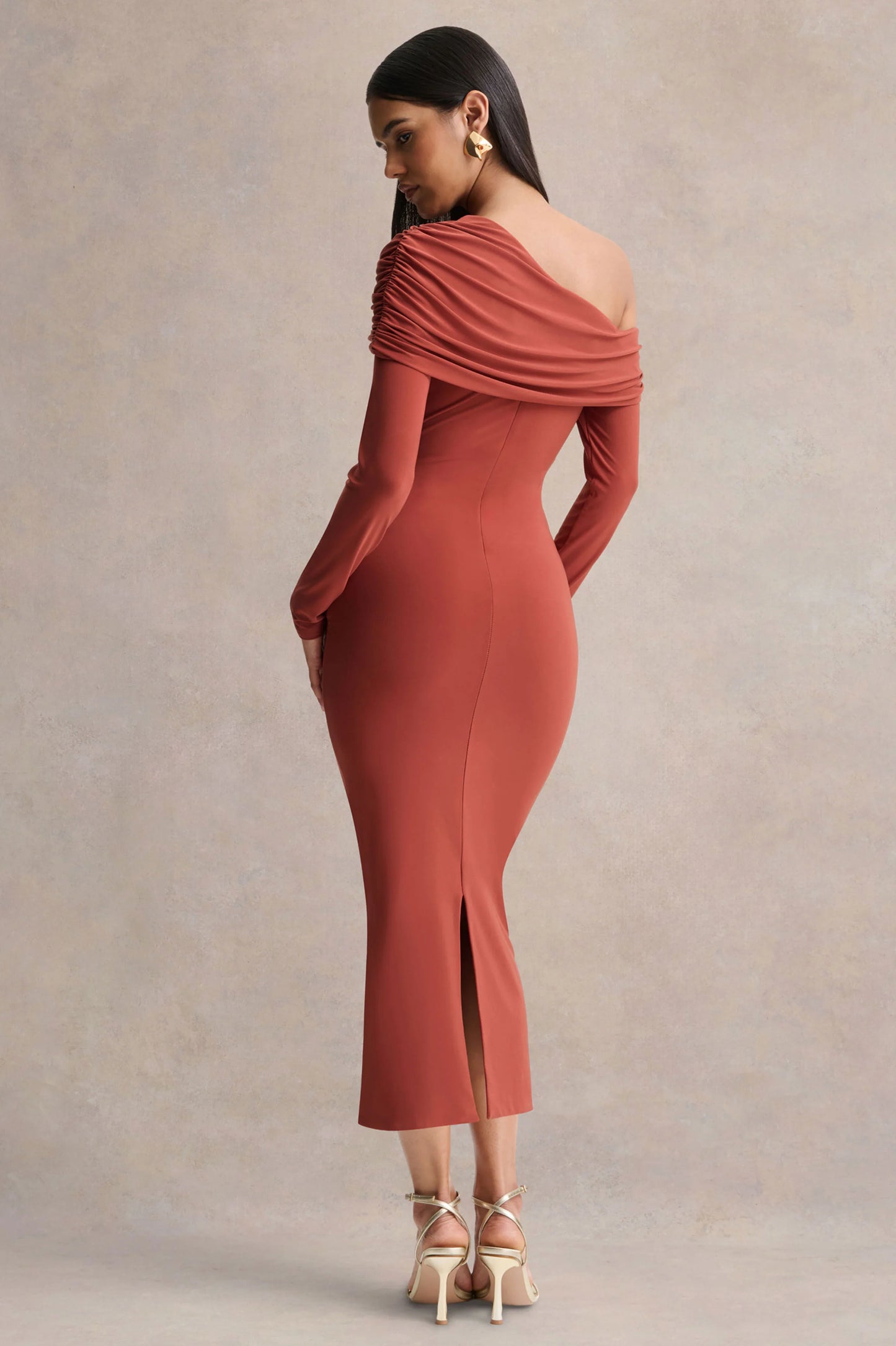 Elliora Rust Asymmetric-Neck Midi Dress