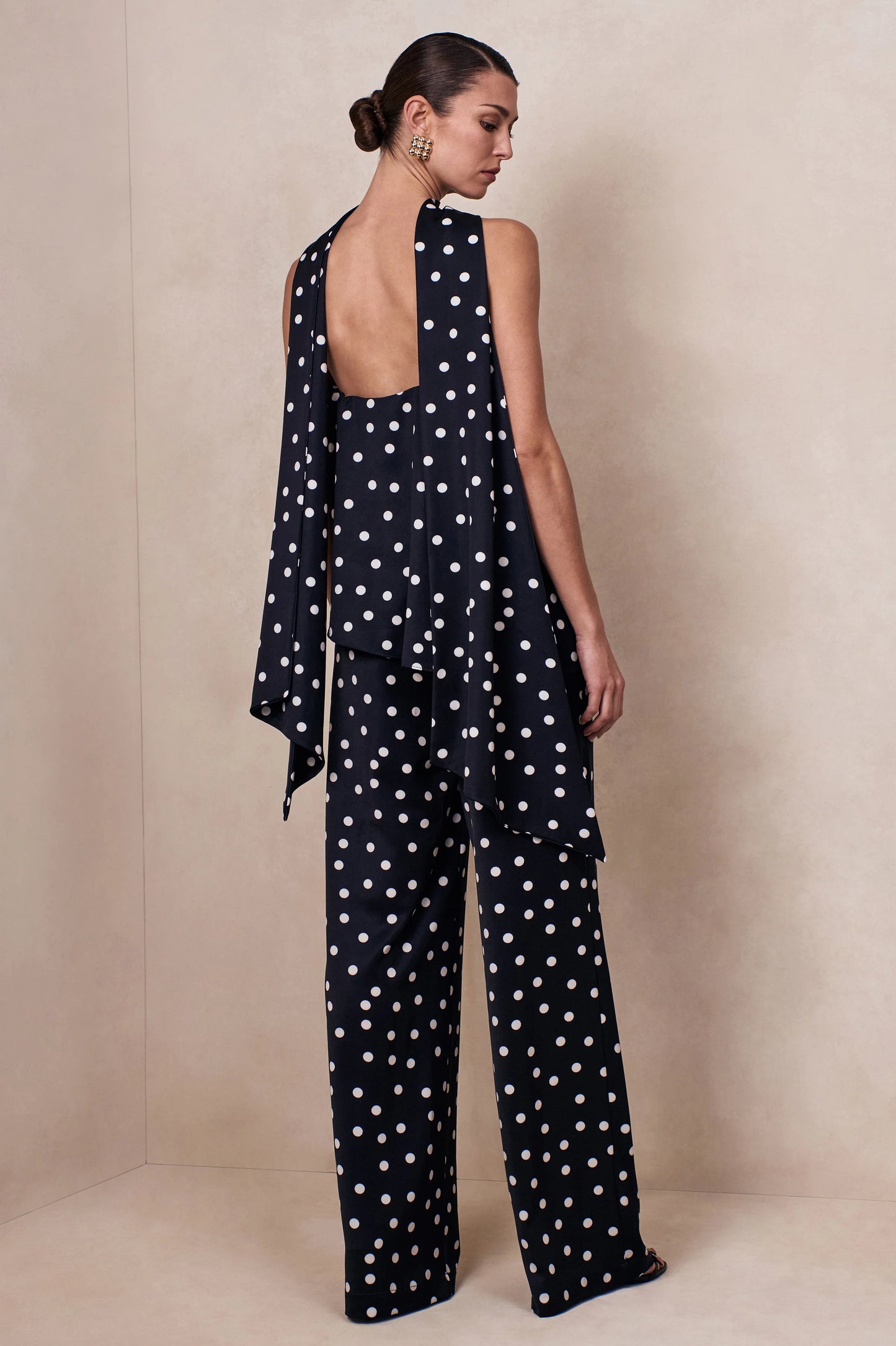 Seloria Black & White Satin Polka Dot Wide-Leg Trouser