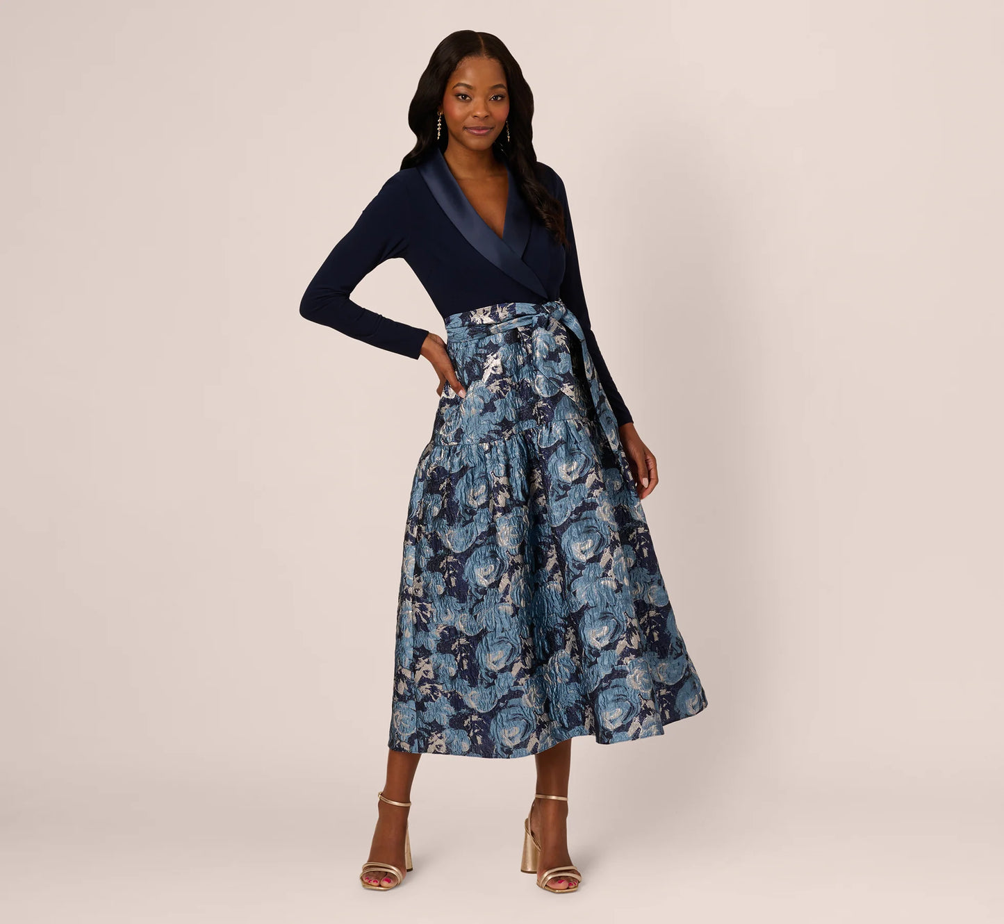 Long Sleeve Tuxedo Jacquard Combo Gown In Midnight Multi