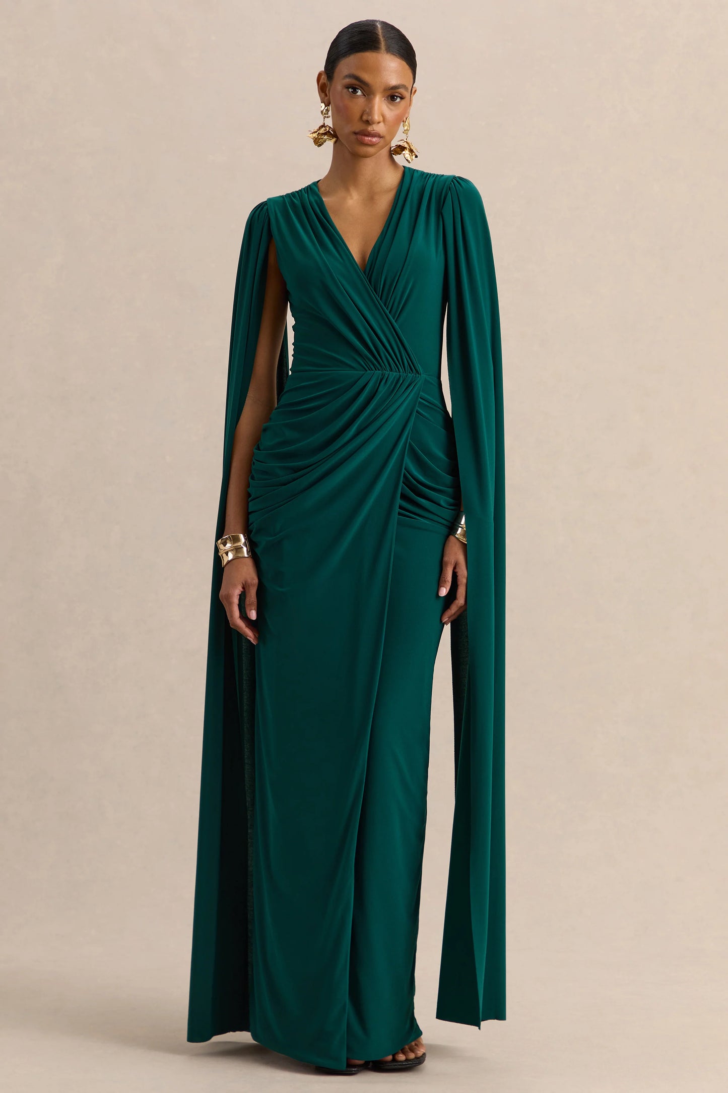 Ulissia Bottle Green V-Neck Maxi Dress With Cape-Sleeves
