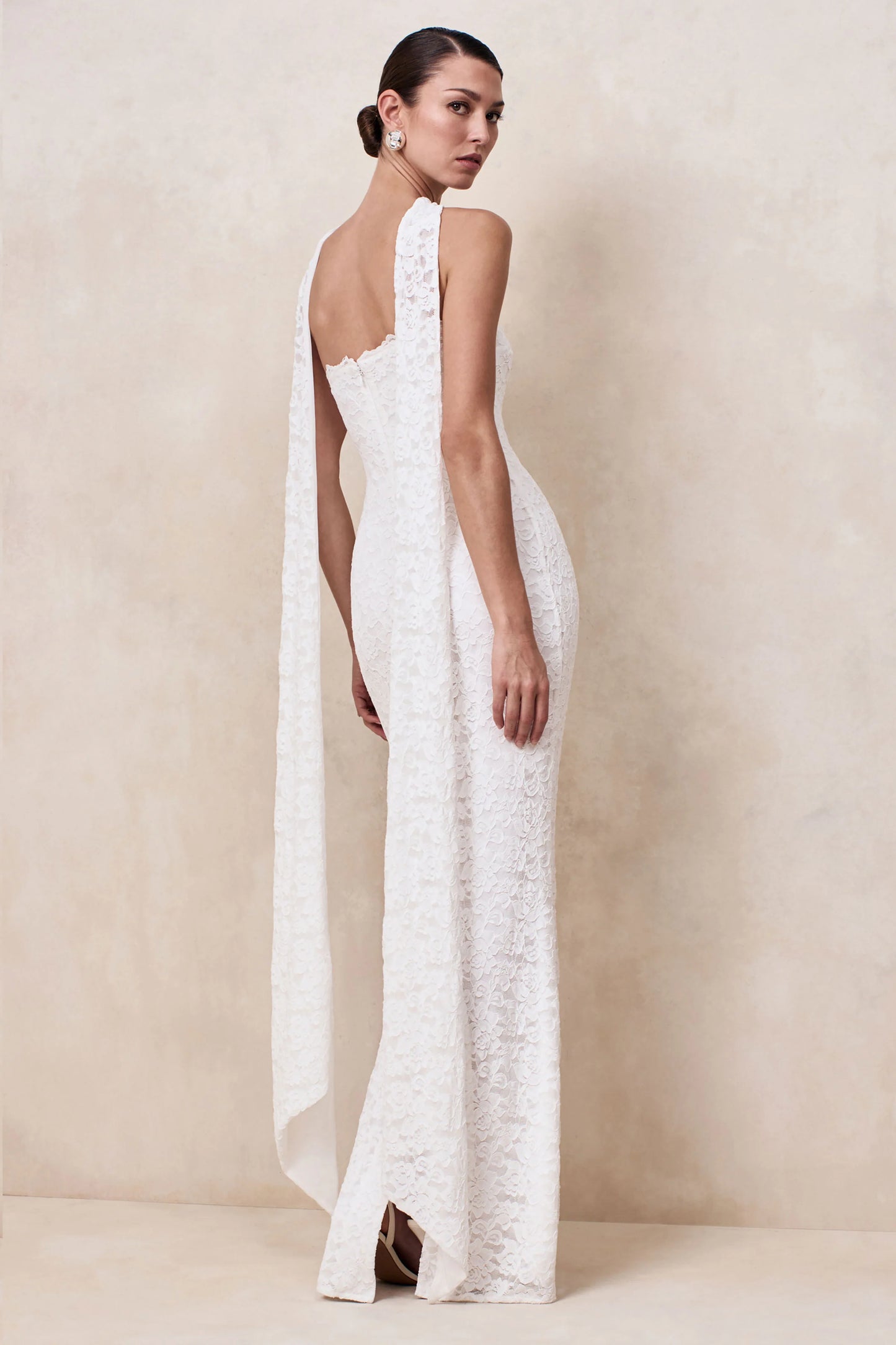 Massima White Lace Bandeau Maxi Dress With Scarf-Detail