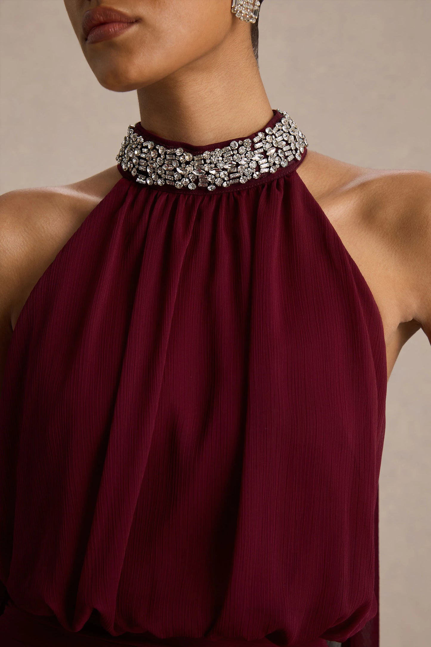 Marie Burgundy Halter-Neck Maxi Dress With Embellished Detailing