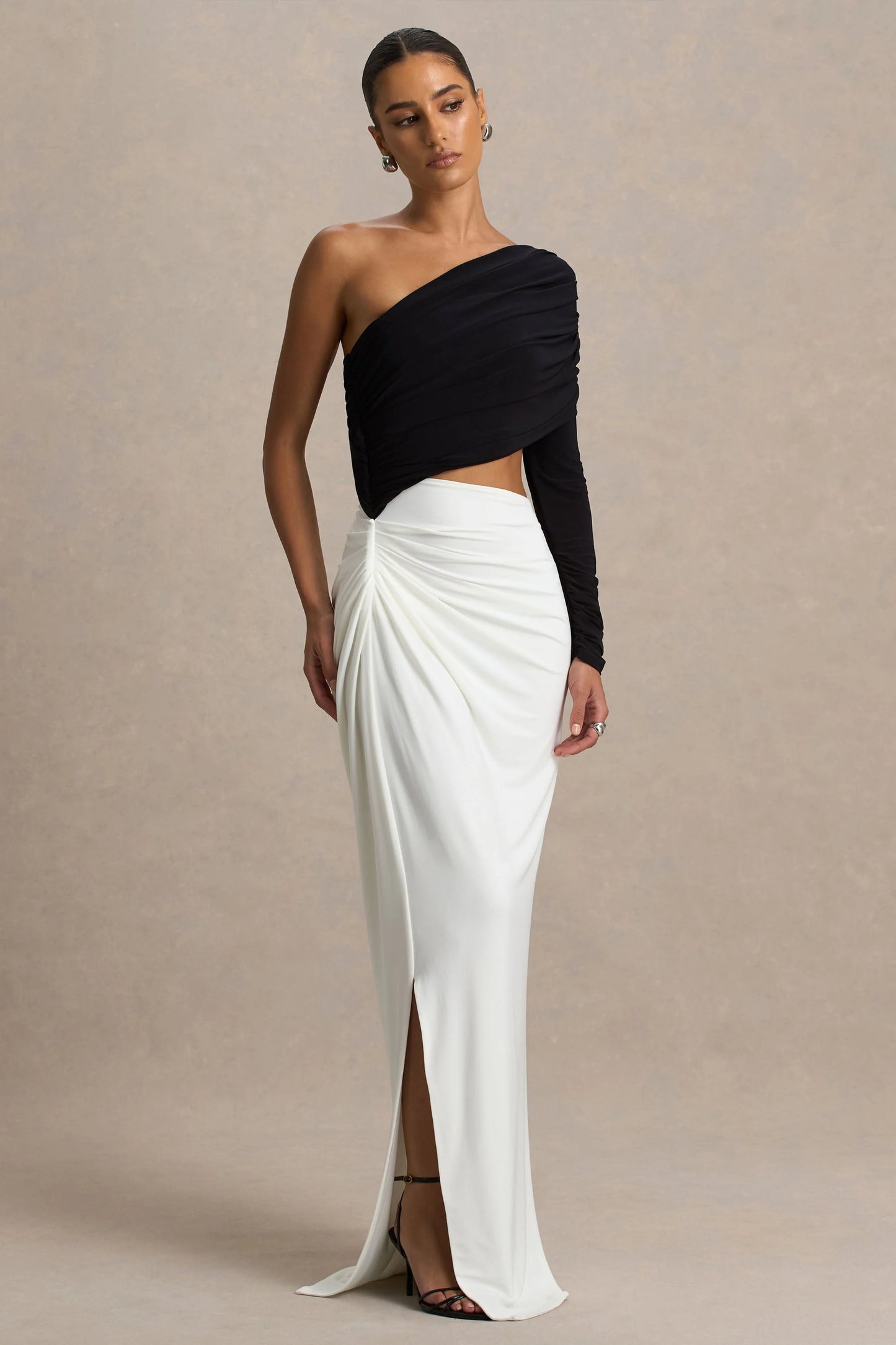 Malika Black And White Asymmetric-Neck Maxi Dress With Body-Cut Out And Gathered Detailing