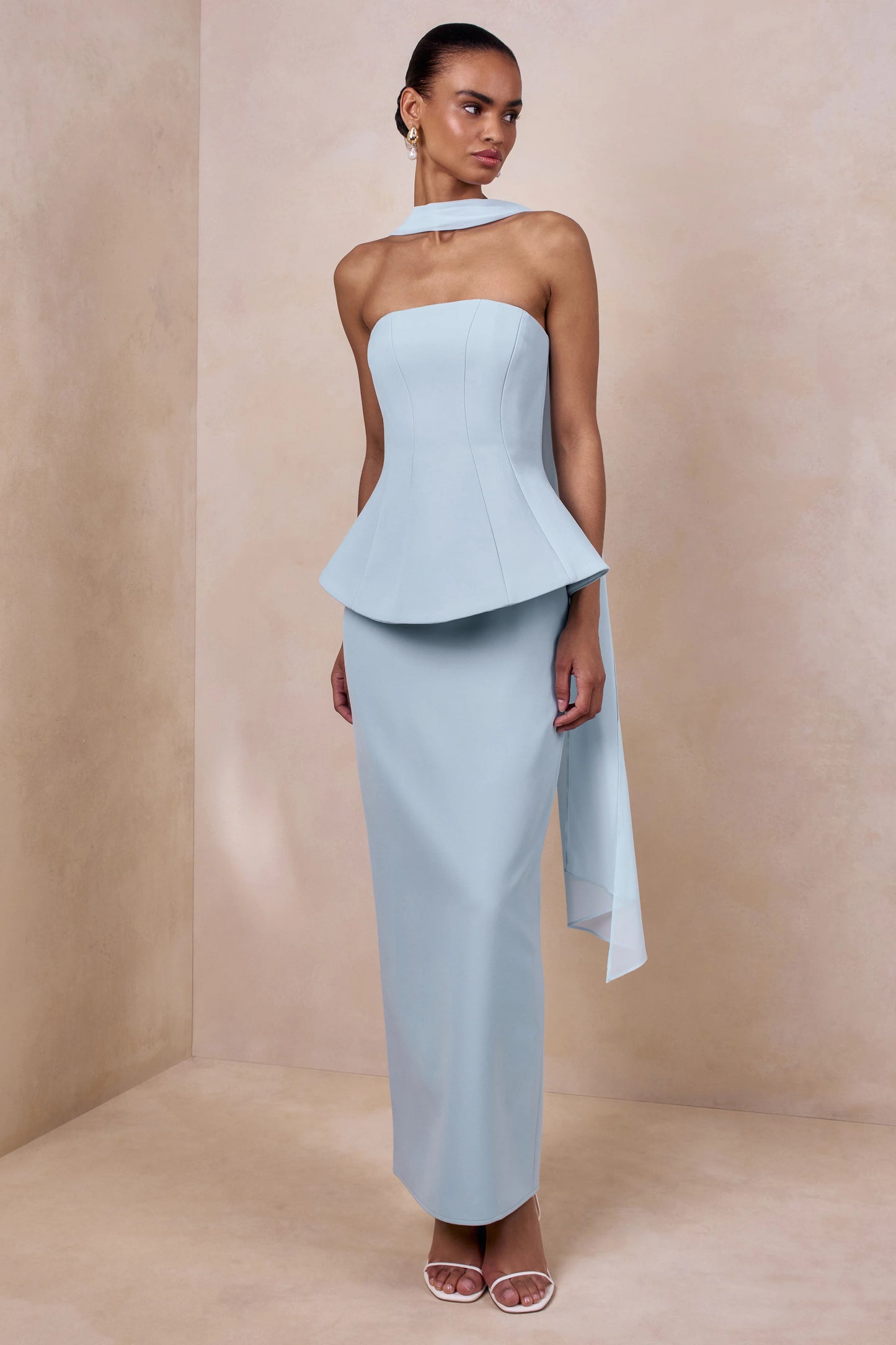 Farron Powder Blue Bandeau Corset Maxi Dress