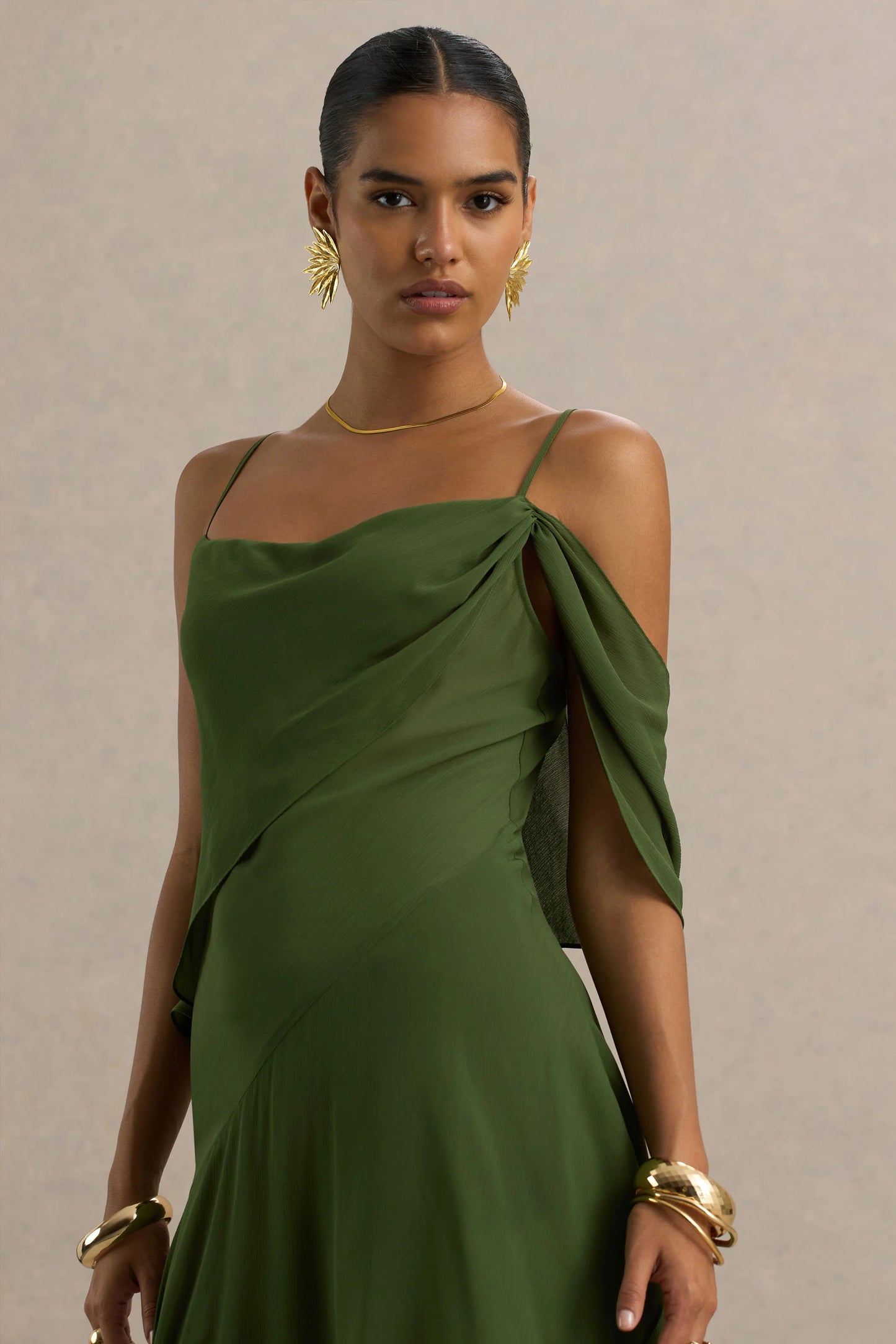 Tiara Green Asymmetric Midi Dress With Draping Detailing and Open-Back