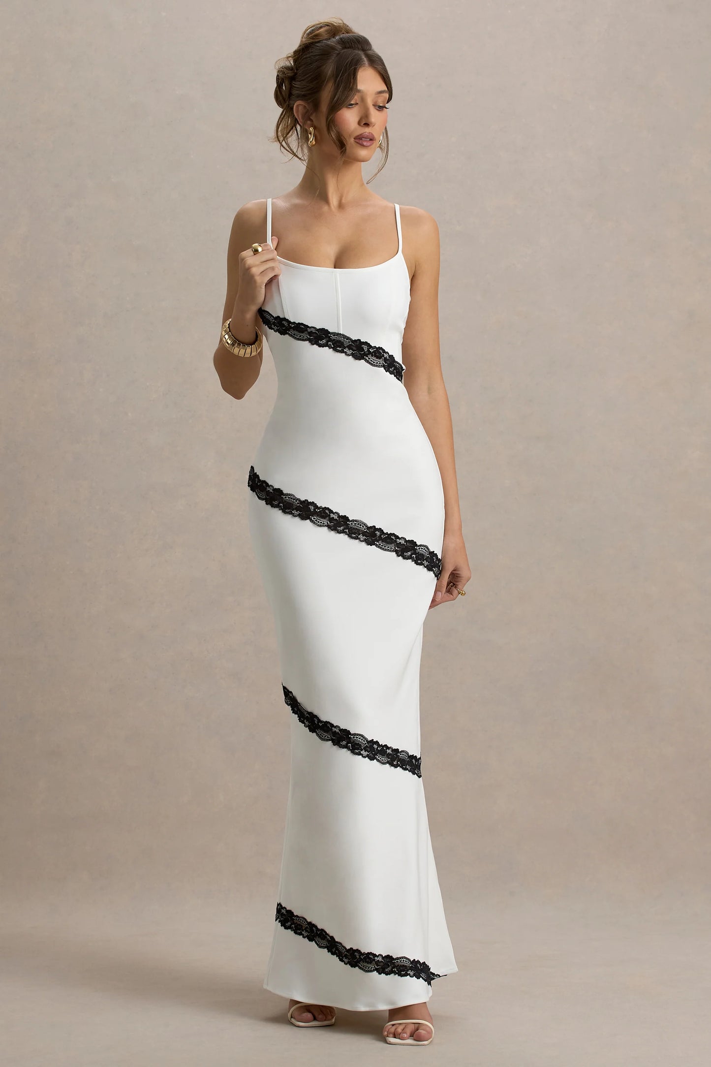 Elizabeth White & Black Strappy Lace-Trimmed Maxi Dress