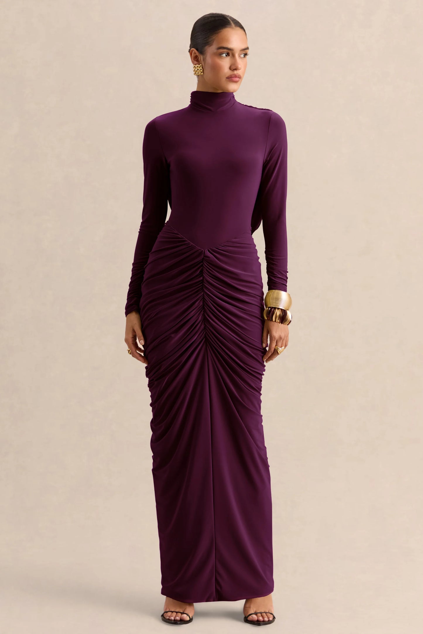 Harmona Dark Plum High-Neck Maxi Dress With Gathered And Draped-Detailing