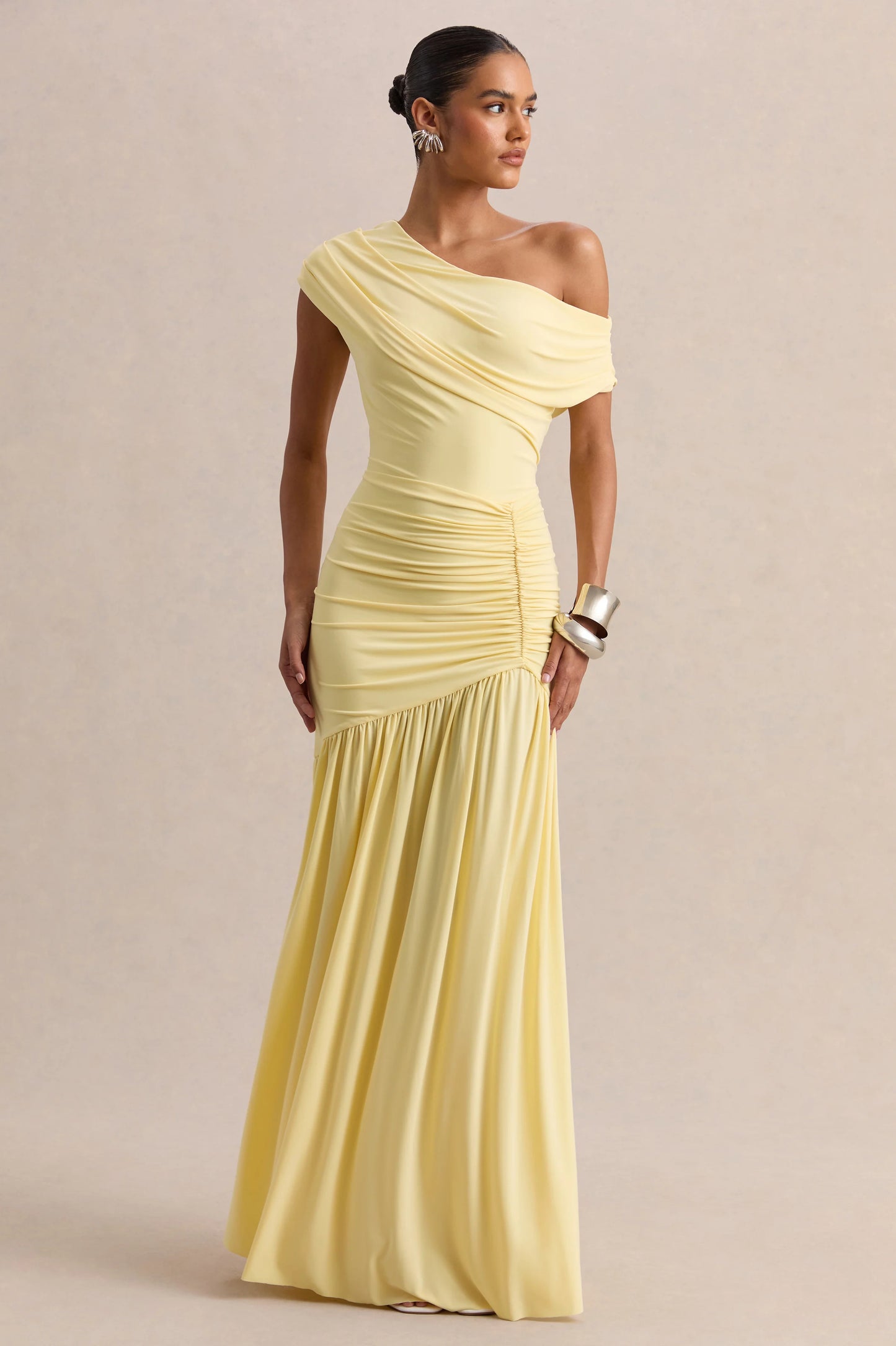 Kady Lemon Asymmetric-Neck Maxi Dress With Ruched Detailing