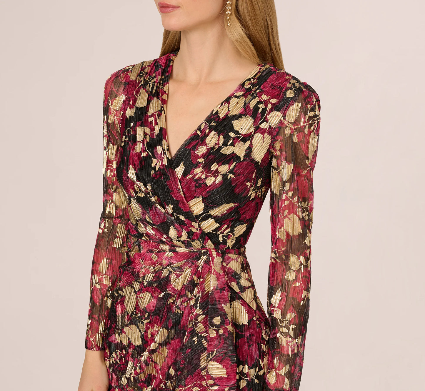 Crinkle Foil Wrap Dress In Fuchsia Gold