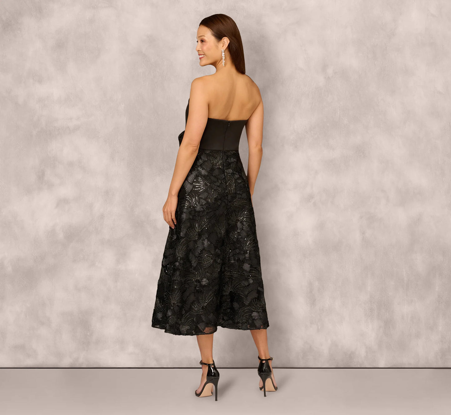 Strapless Satin Beaded Midi Gown In Black