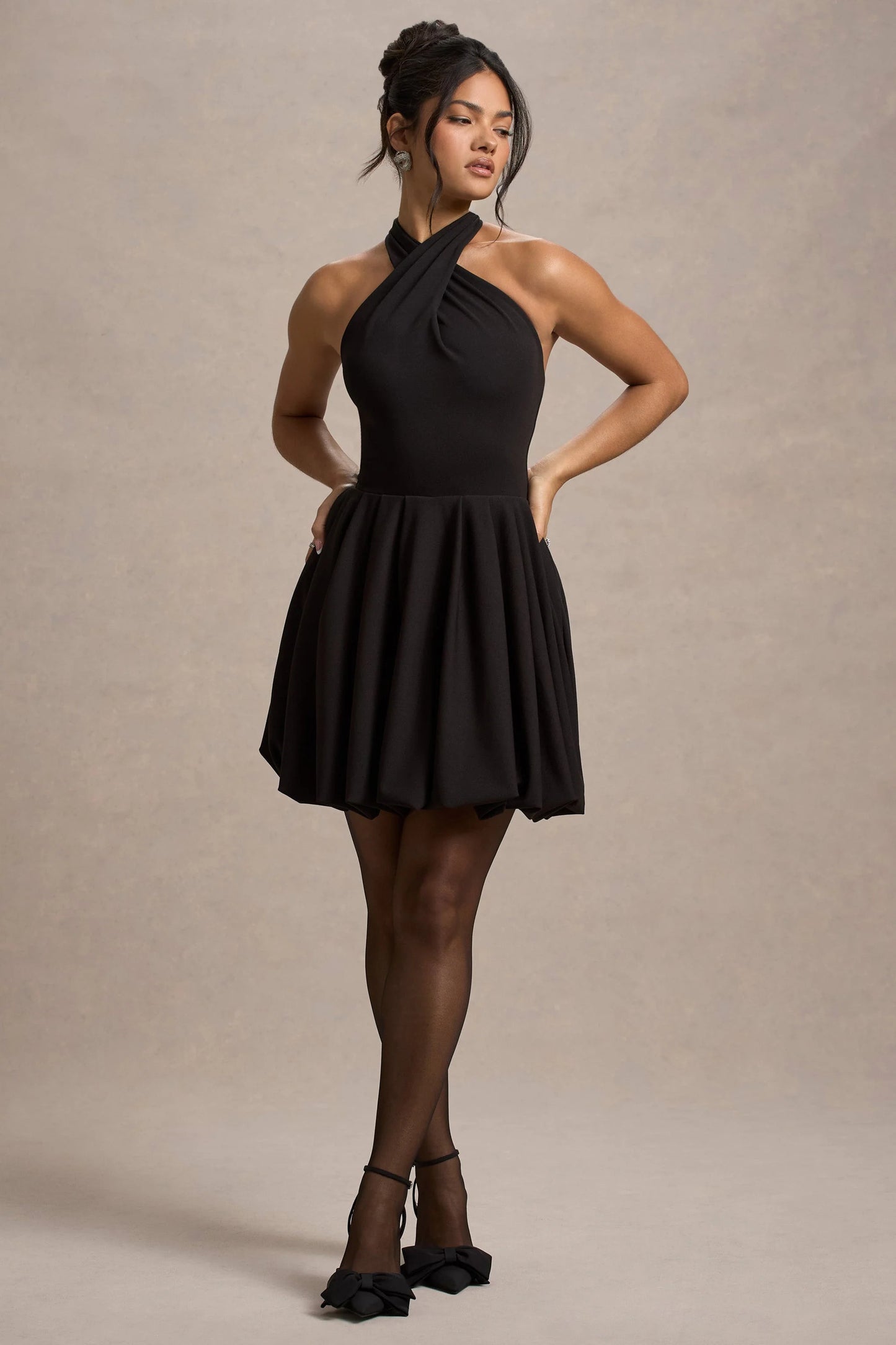Klytie Black Halter-Neck Mini Dress With Puff-Ball Skirt