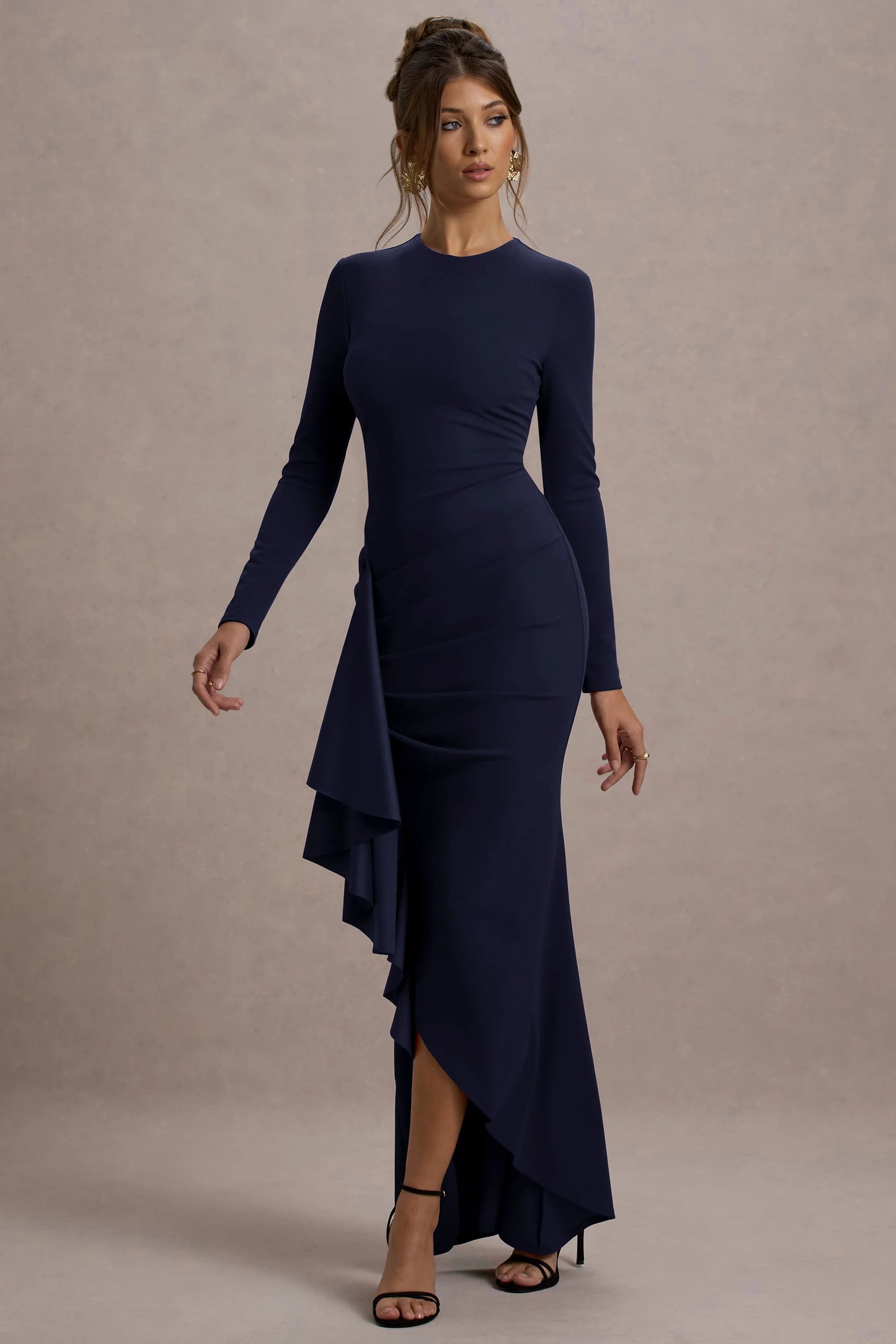 Alayna Navy Long-Sleeve Maxi Dress With Ruffled Split