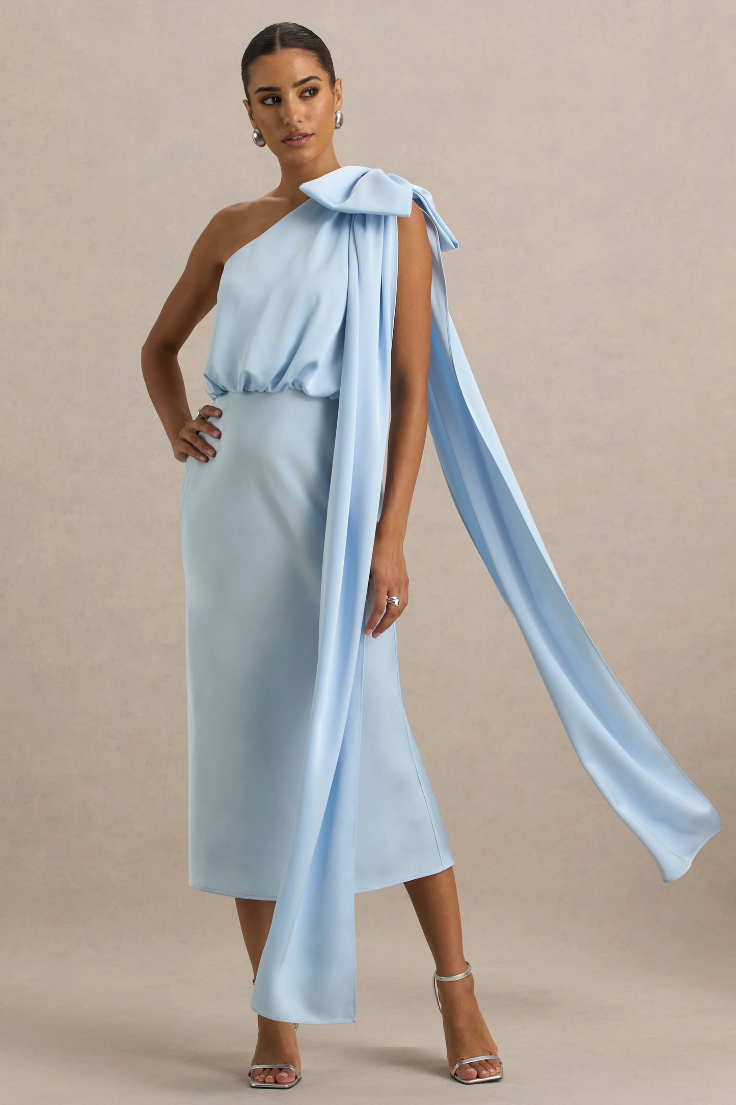 Celestia Powder Blue Satin Asymmetric-Neck Midi Dress With Cape Detail