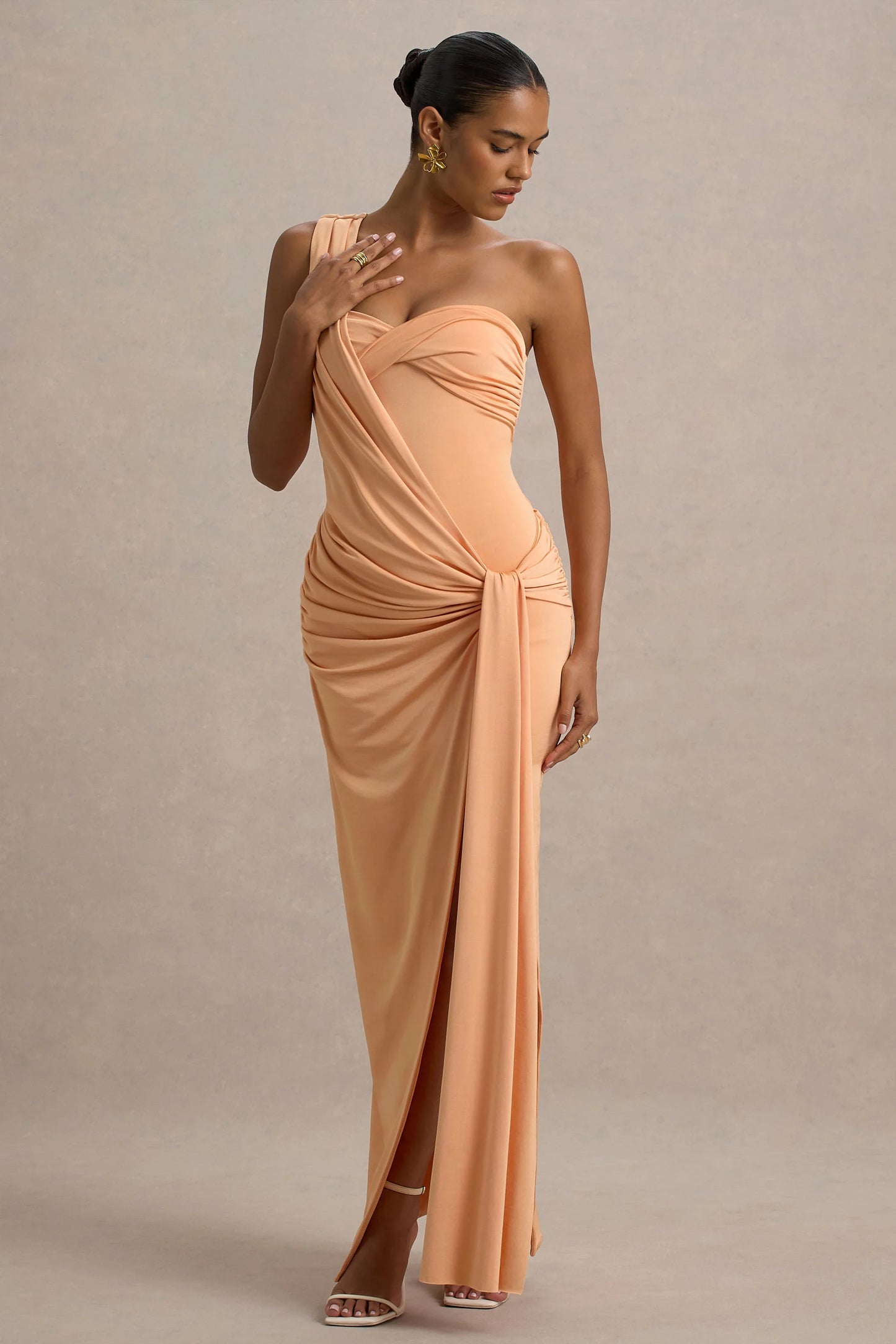 Erminia Peach One-Shoulder Twist Wrap Maxi Dress