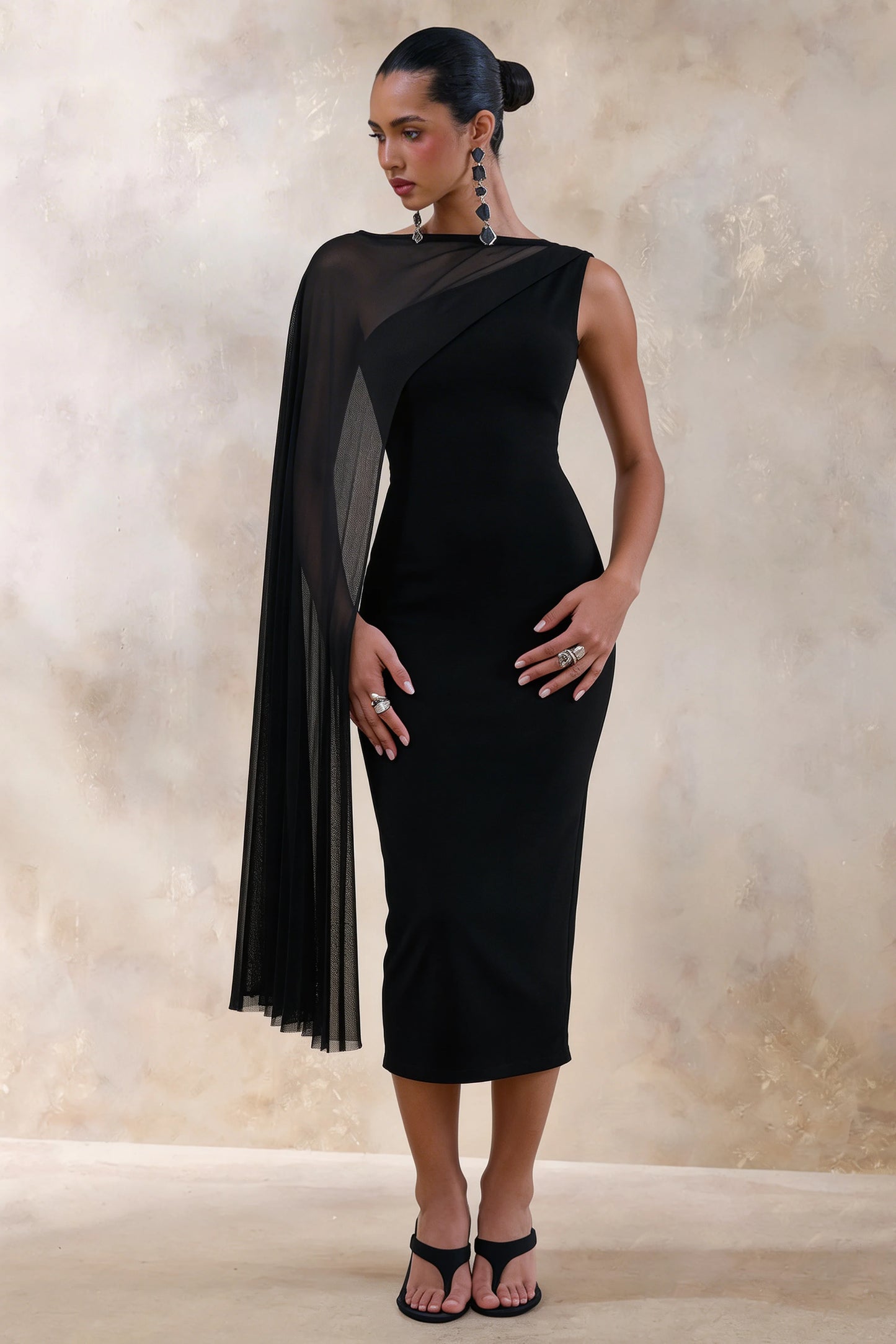 Caloria Black Asymmetric-Neck Midi Dress With Mesh-Cape