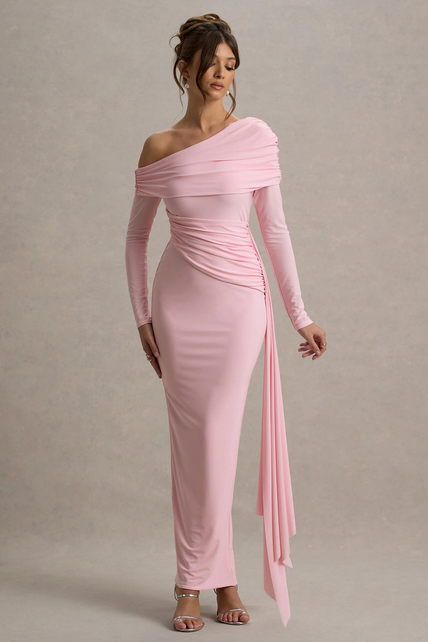 Valina Pink Ruched Asymmetric Maxi Dress With Drape