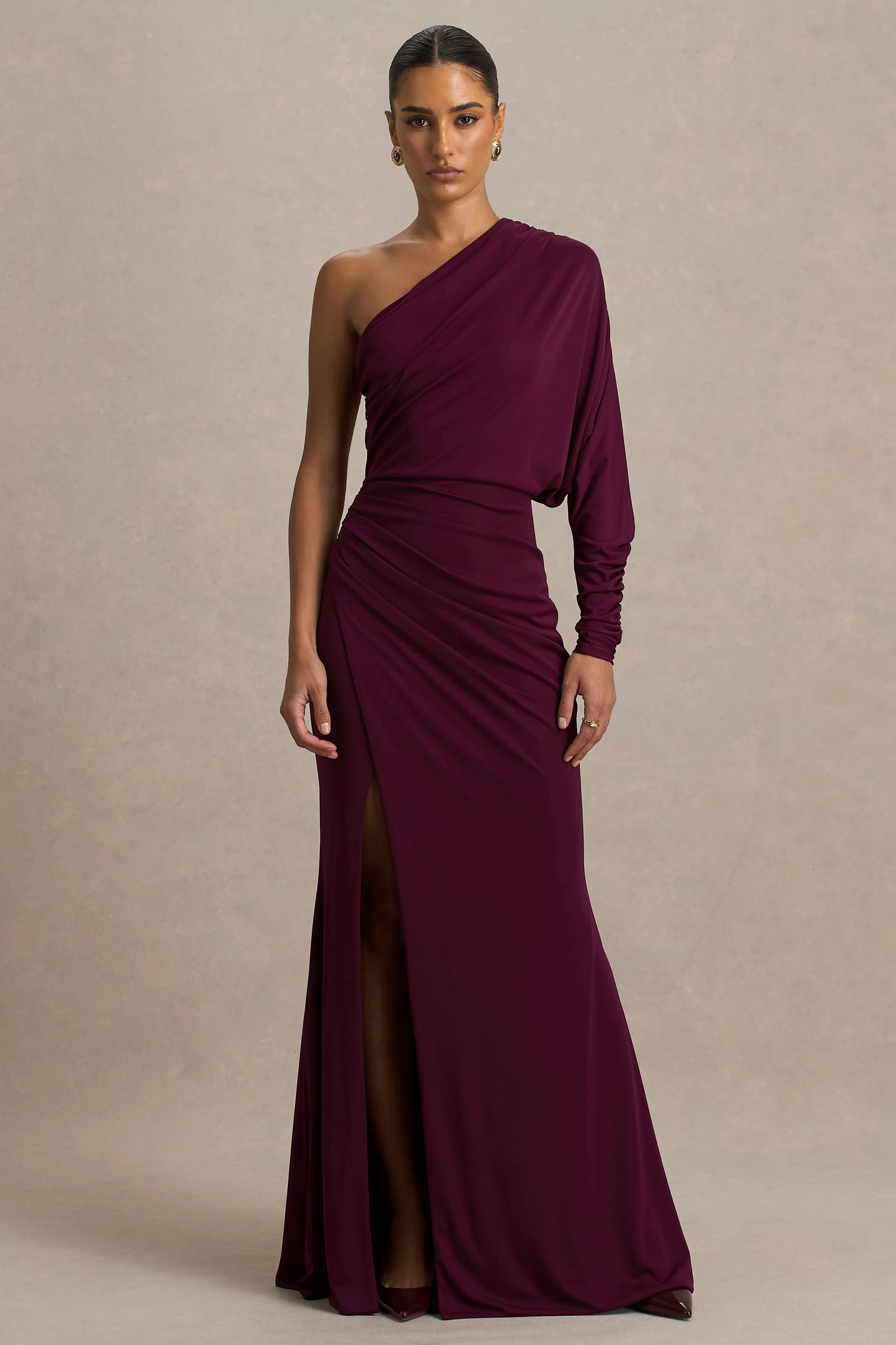 Lola Burgundy Asymmetric-Neck Maxi Dress With Ruched Detailing And Front High-Split