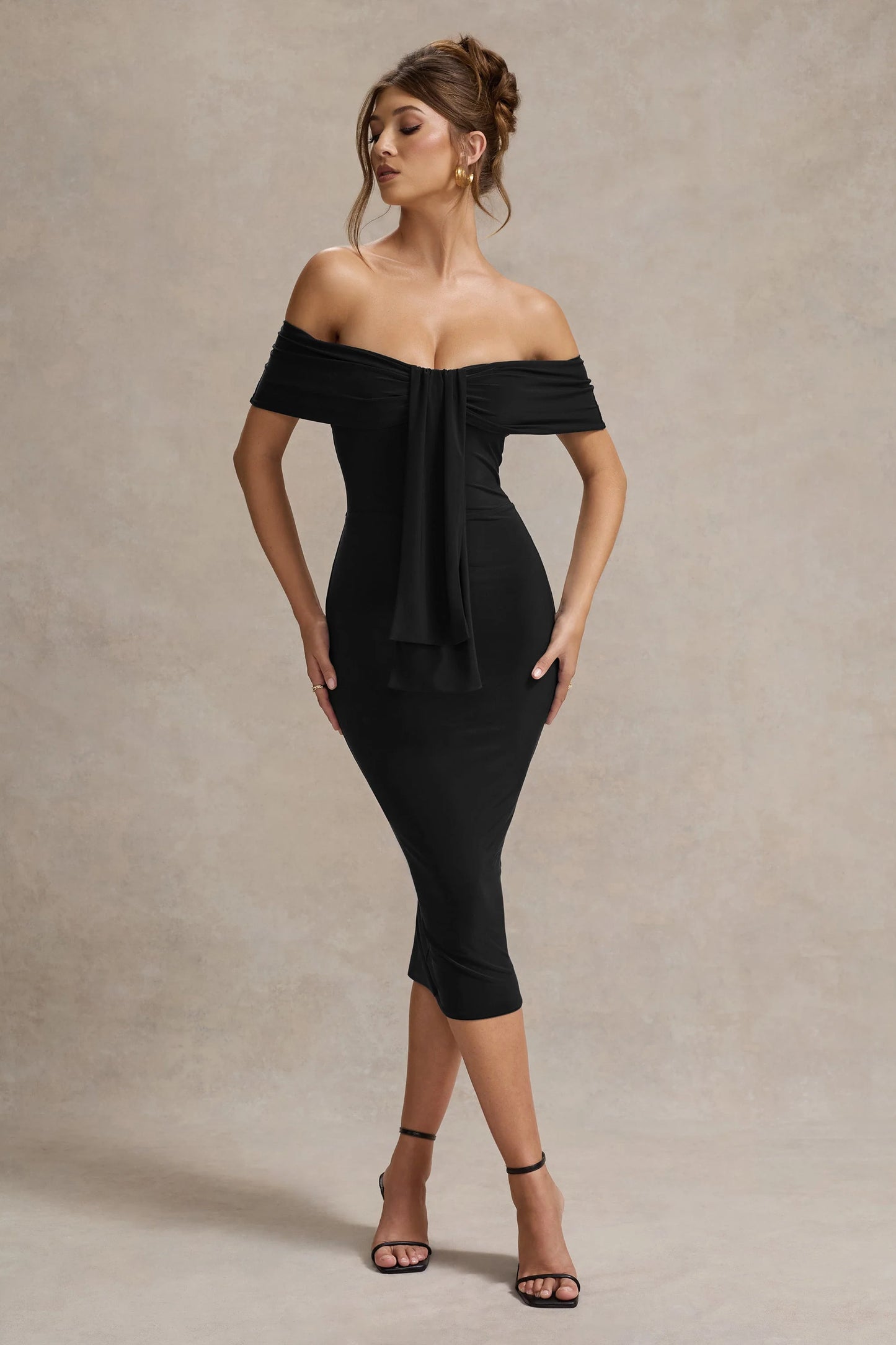 Selbie Black Bardot Midi Dress With Drape