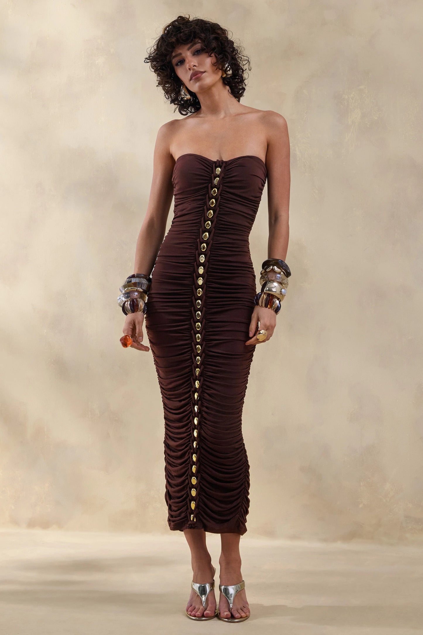 Spontaneity Brown Bandeau Ruched Midi Dress