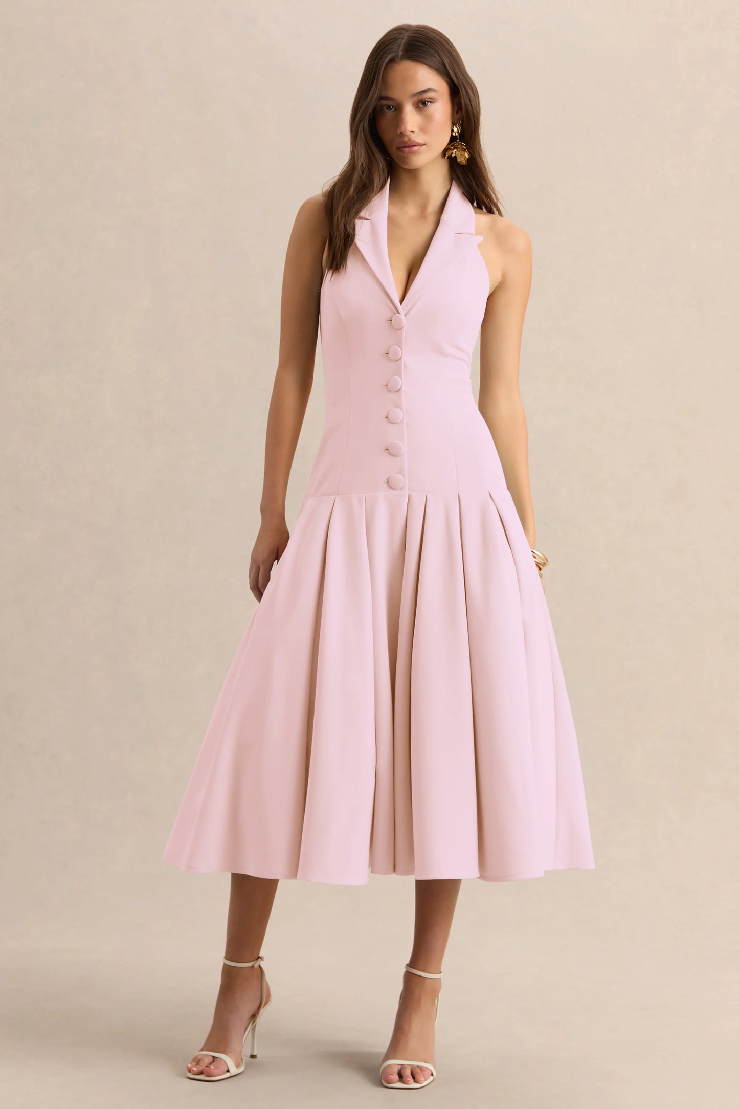 Elise Light Pink Plunge-Neck Midi Dress With Drop-Waist