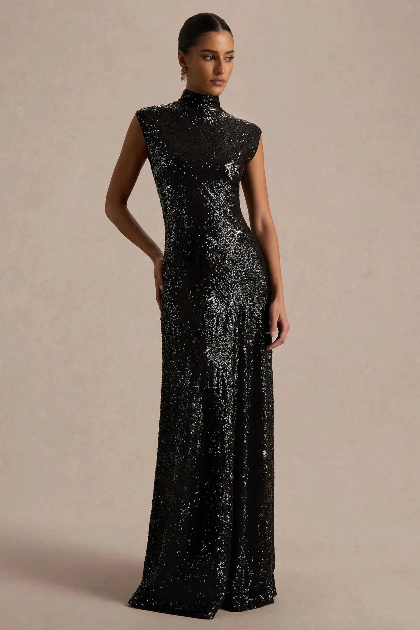 Cecy Black Sequin High-Neck Maxi Dress With Cap Sleeves