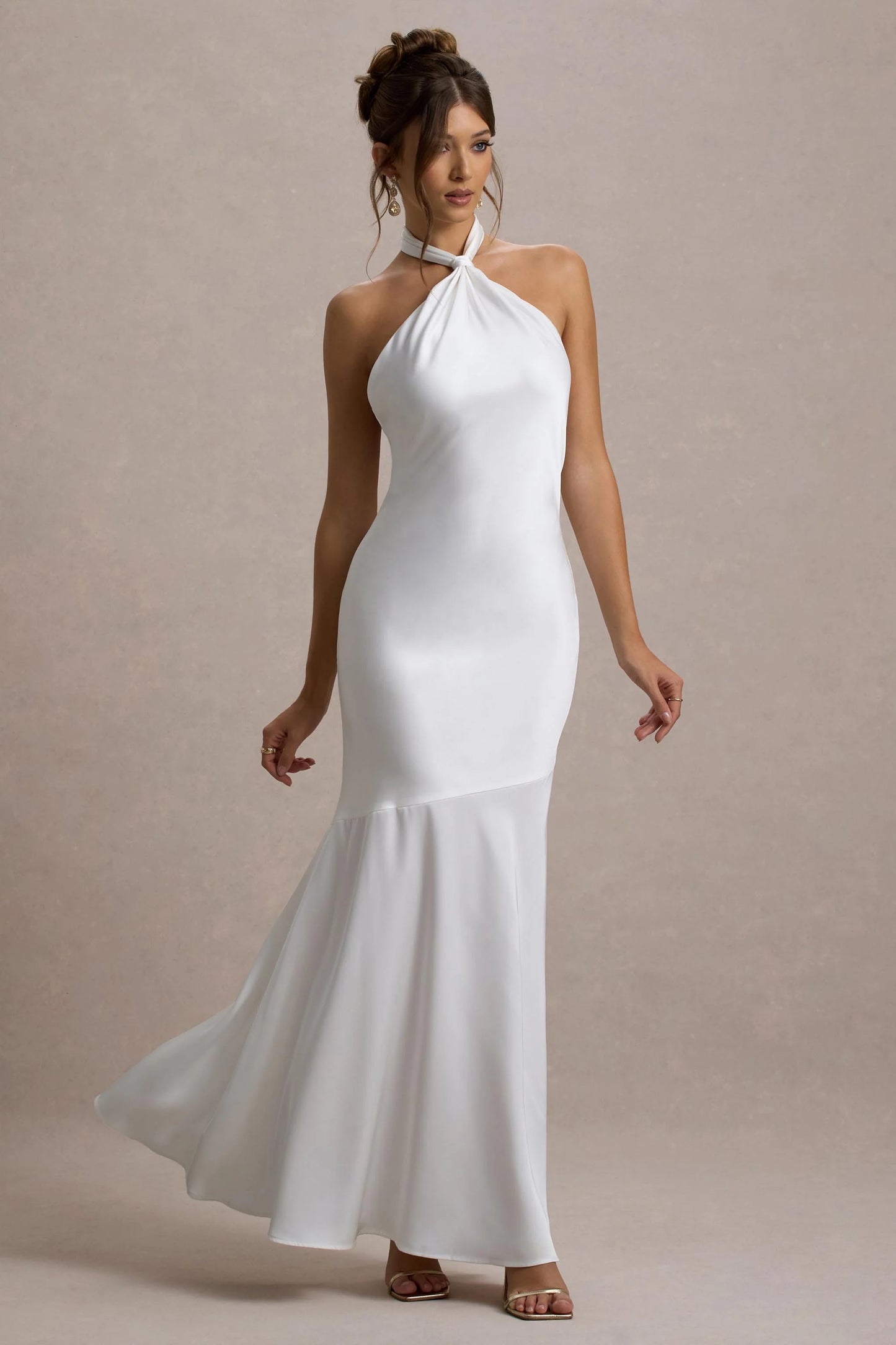 Knox White Satin Knot Halter-Neck Maxi Dress