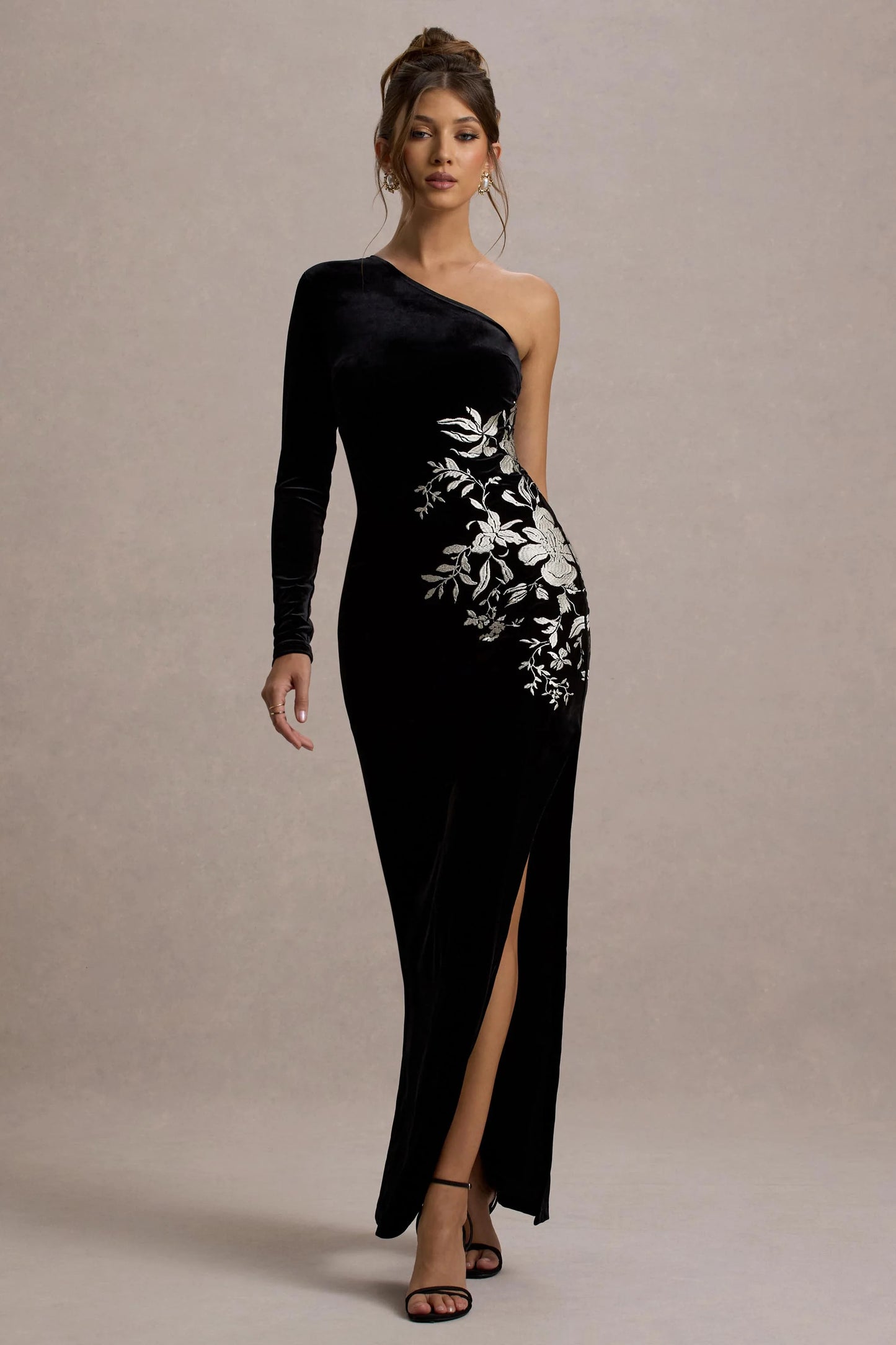Chance Black Embroidered Velvet One-Sleeve Maxi Dress