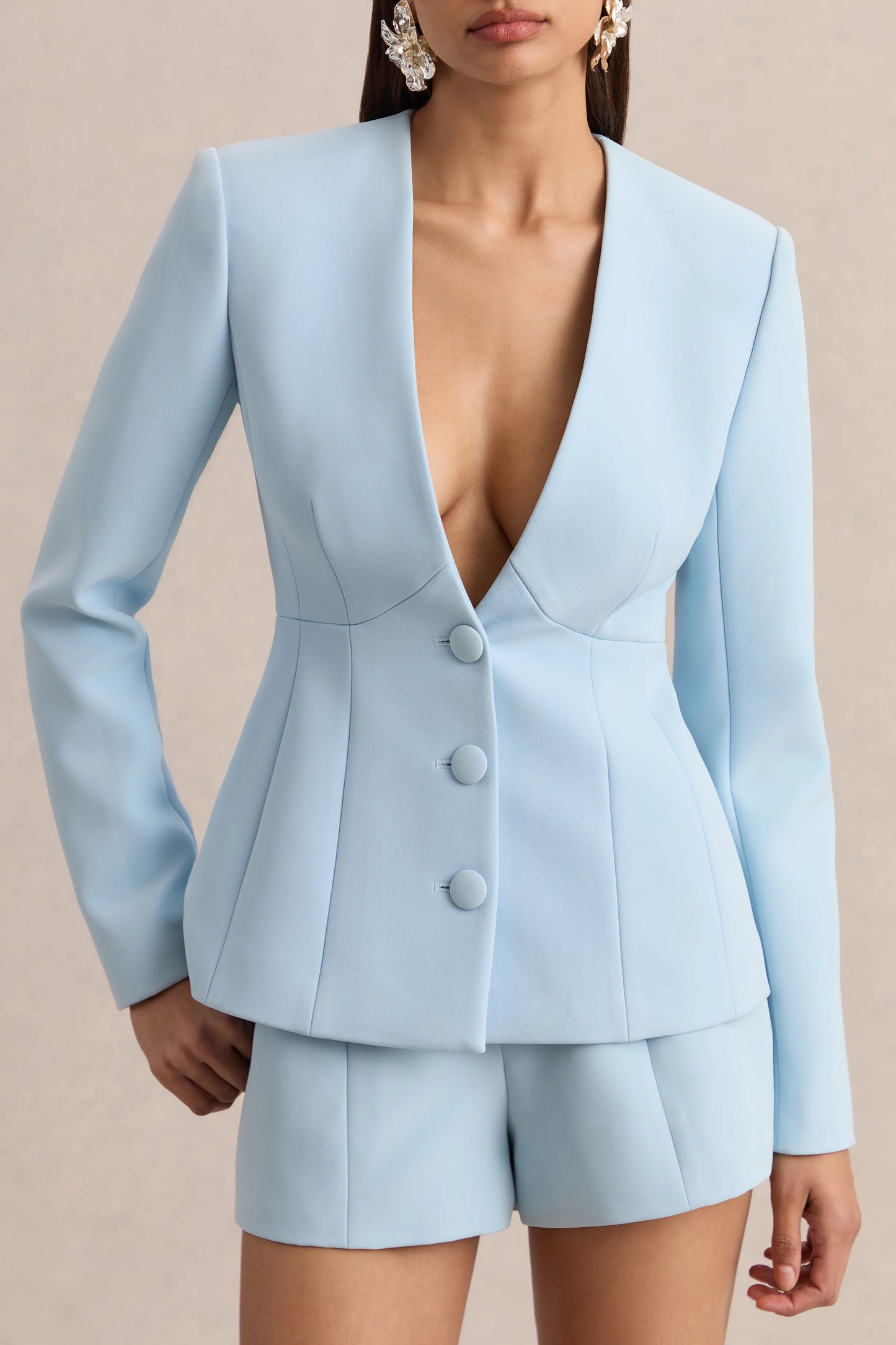 Rosalina Light Blue Extreme-Plunge Neck Tailored Blazer