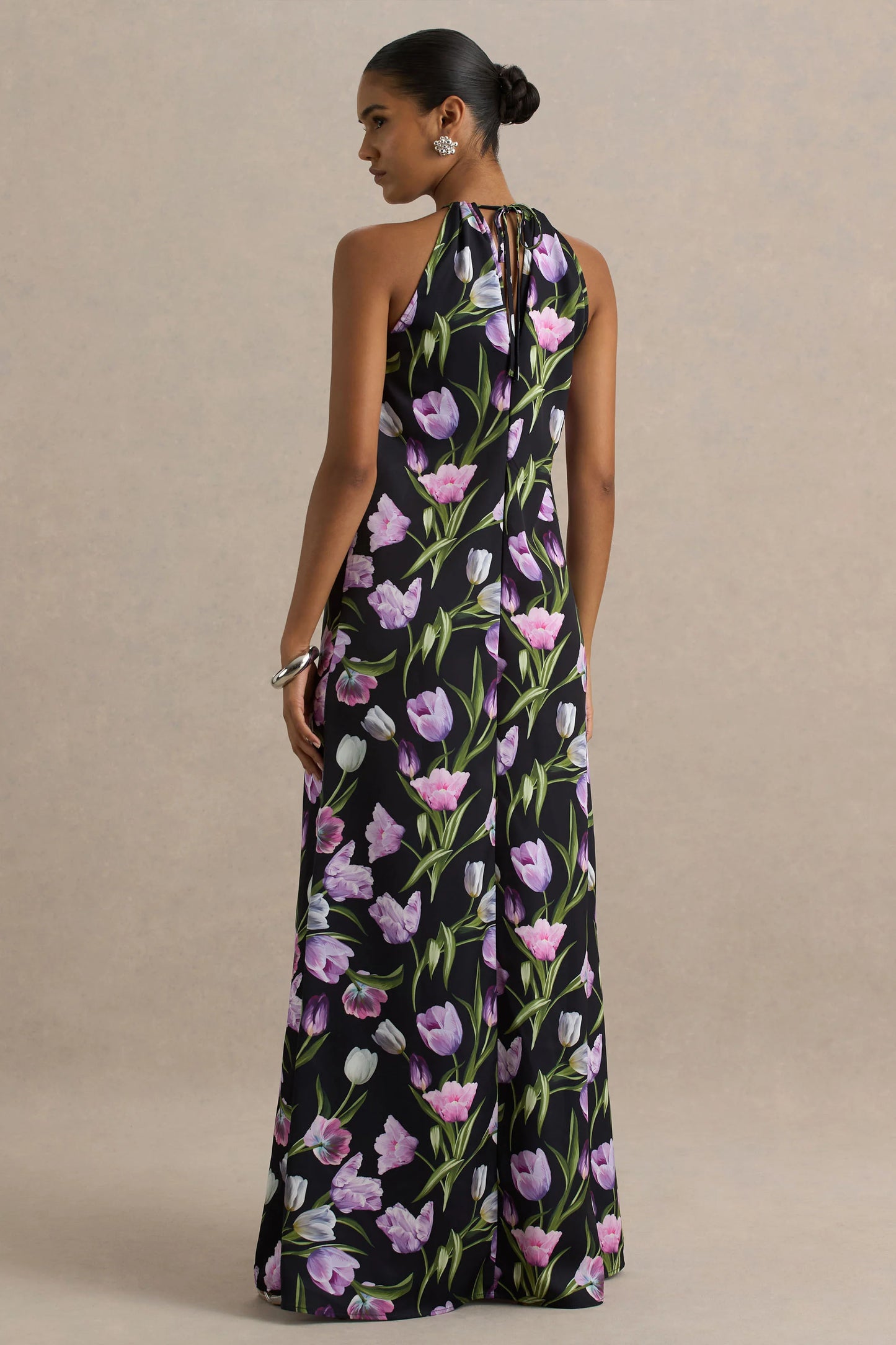 Svana Black Satin Floral Asymmetric Halter-Neck Maxi Dress